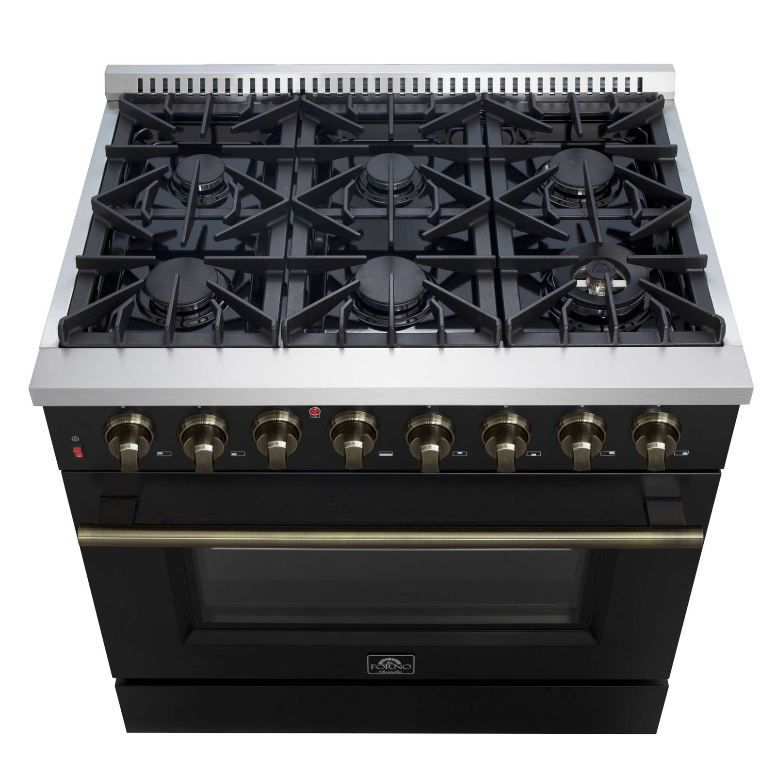Forno Galiano 36-inch Dual Fuel Range in Black & Antique Brass Design, 6 Sealed Burners 83,000 BTU, 5.36 cu.ft. True Convection Oven - FFSGS6156-36BLK