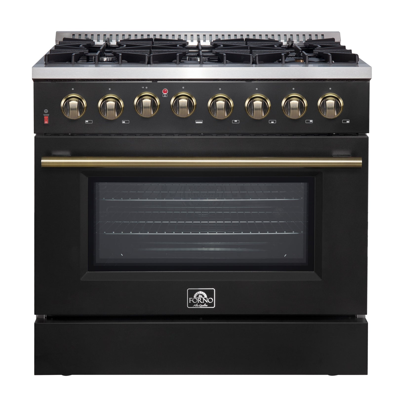 Forno Galiano 36-inch Dual Fuel Range in Black & Antique Brass Design, 6 Sealed Burners 83,000 BTU, 5.36 cu.ft. True Convection Oven - FFSGS6156-36BLK