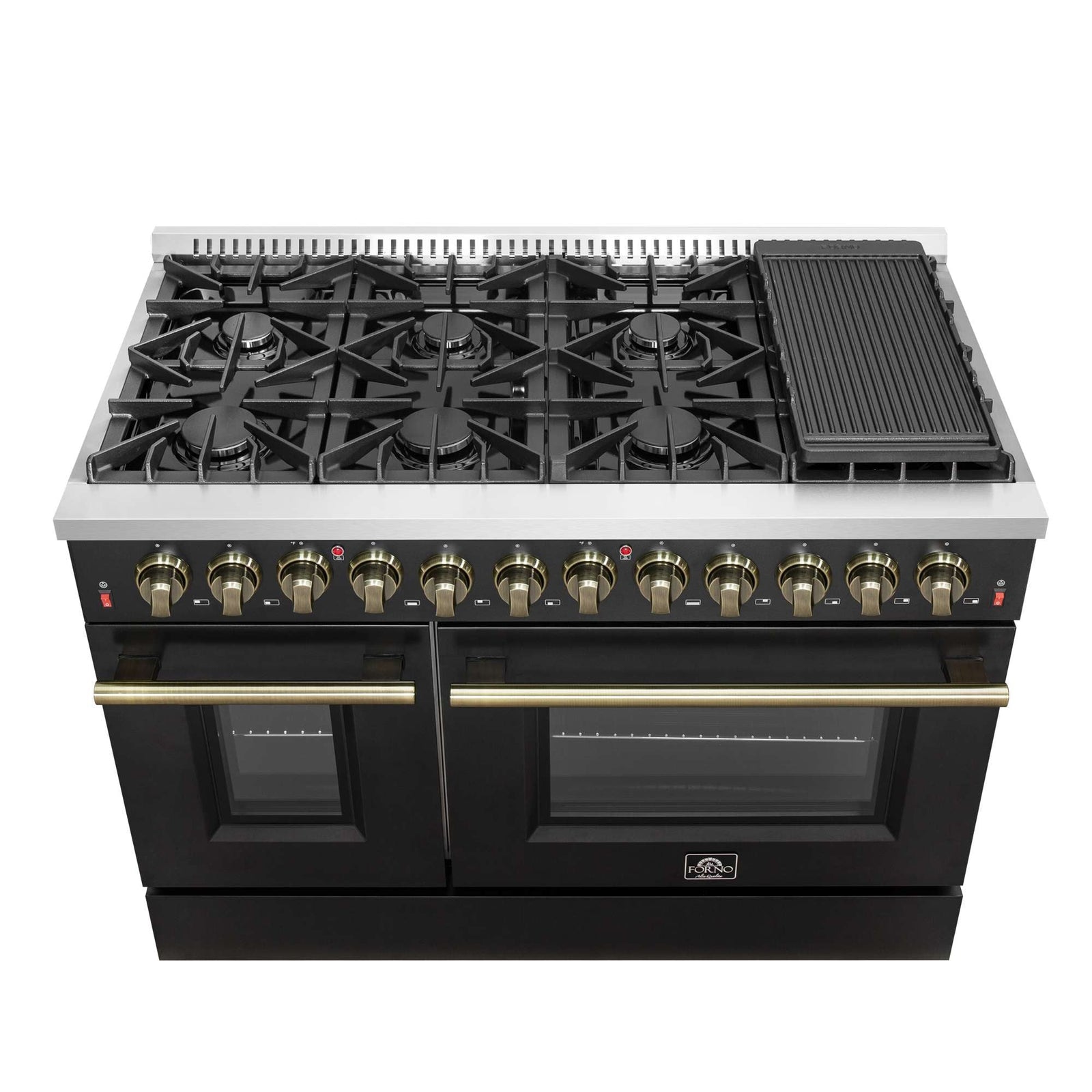 Forno Galiano 48-inch Dual Fuel Range Black & Antique Brass Design with 8 Sealed Burners 107,000 BTU, 6.58 cu. ft. double ovens & Griddle - FFSGS6156-48BLK