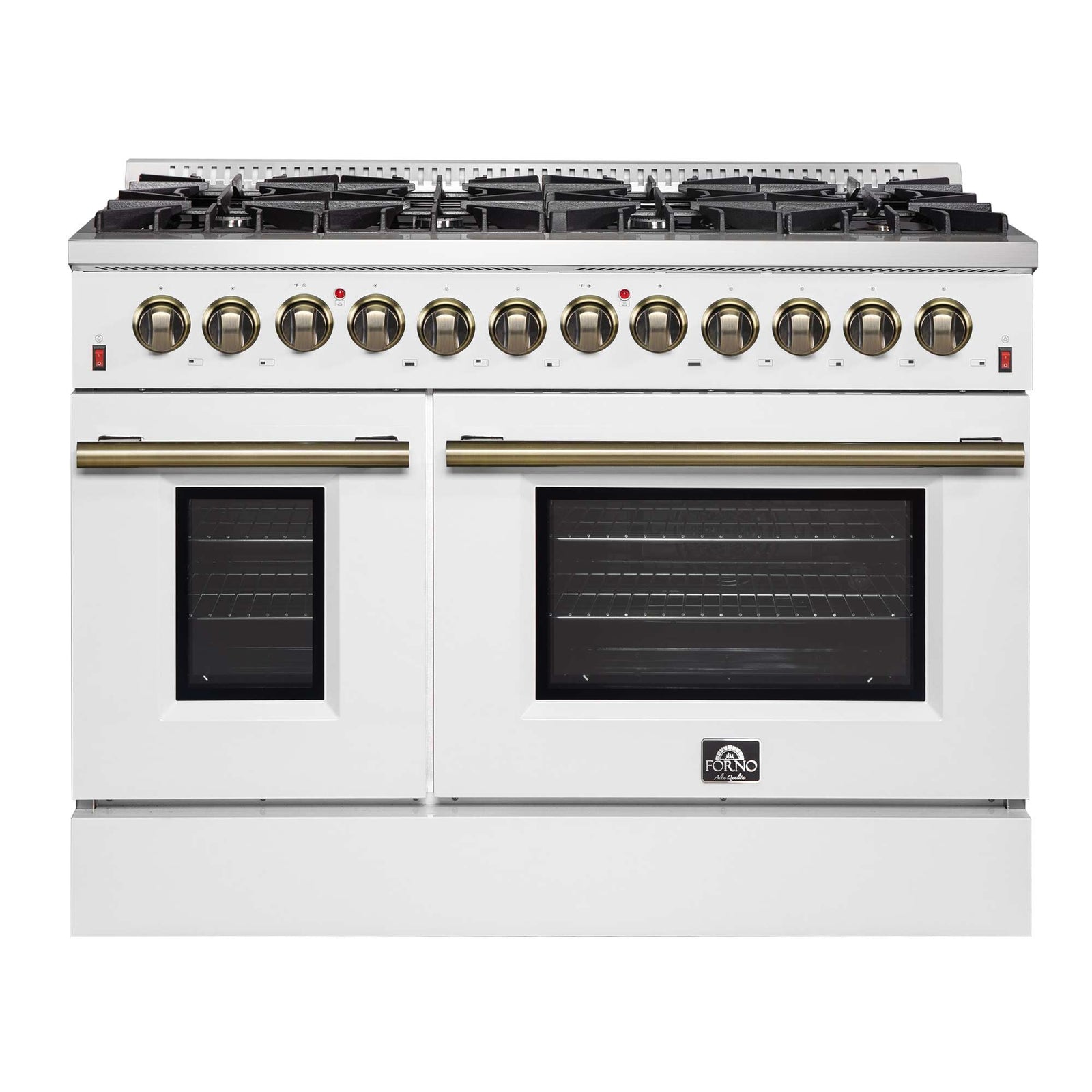 Forno Galiano 48-inch Dual Fuel Range White & Antique Brass Design with 8 Sealed Burners 107,000 BTU, 6.58 cu. ft. double ovens & Griddle - FFSGS6156-48WHT