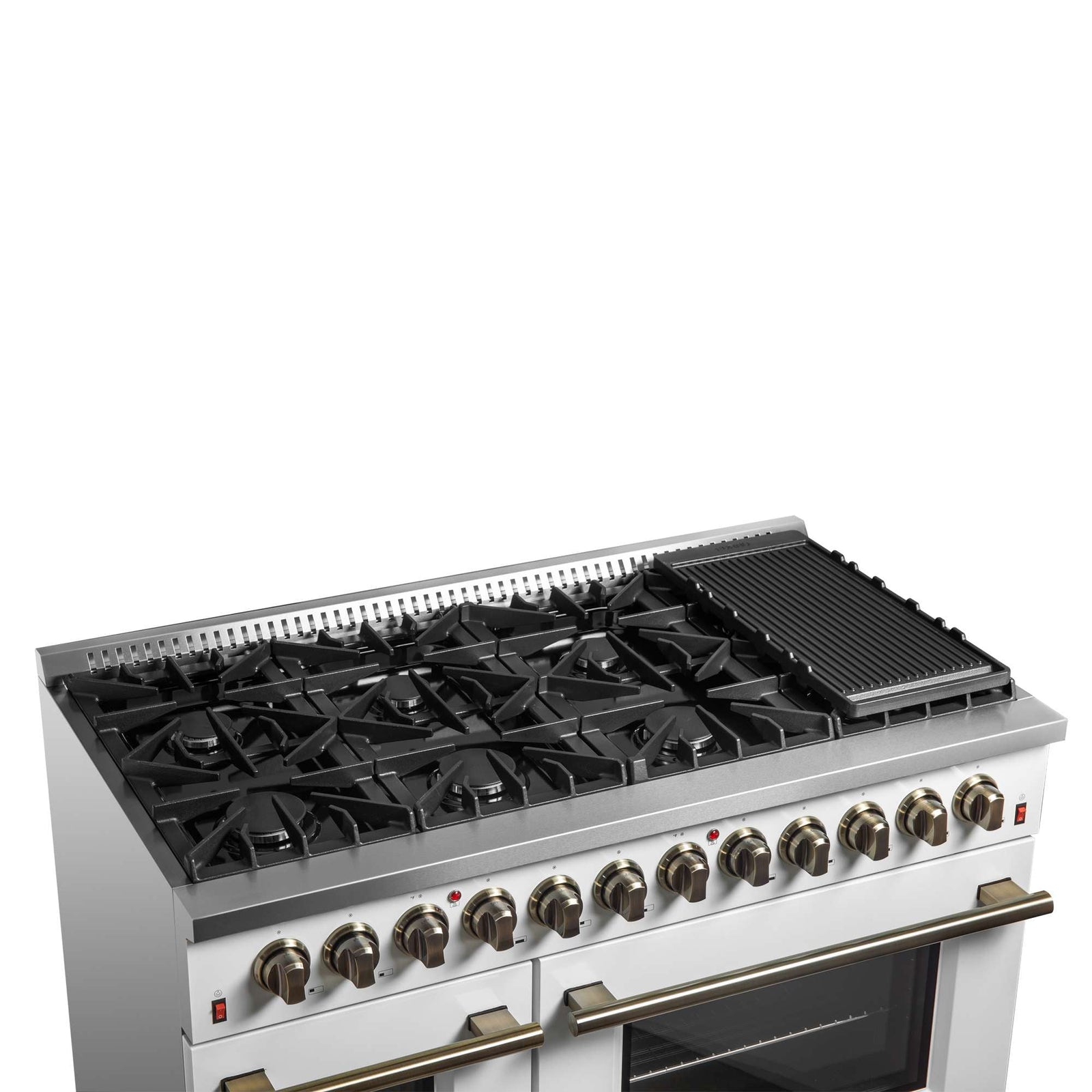 Forno Galiano 48-inch Dual Fuel Range White & Antique Brass Design with 8 Sealed Burners 107,000 BTU, 6.58 cu. ft. double ovens & Griddle - FFSGS6156-48WHT