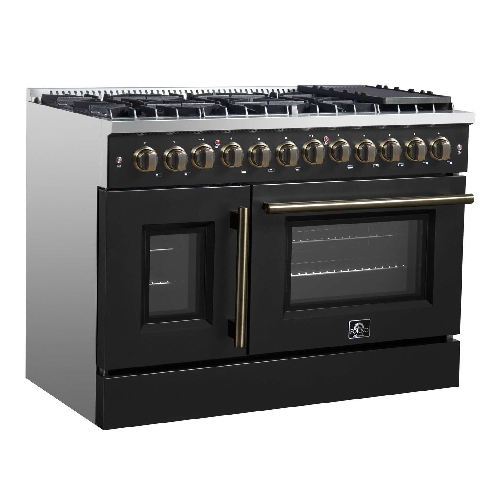 Forno Galiano 48-inch French Door Dual Fuel Range, Black & Antique Brass Design, 8 Sealed Burners - 107,000 BTU, Griddle, 6.58 cu.ft. Double Ovens - FFSGS6356-48BLK