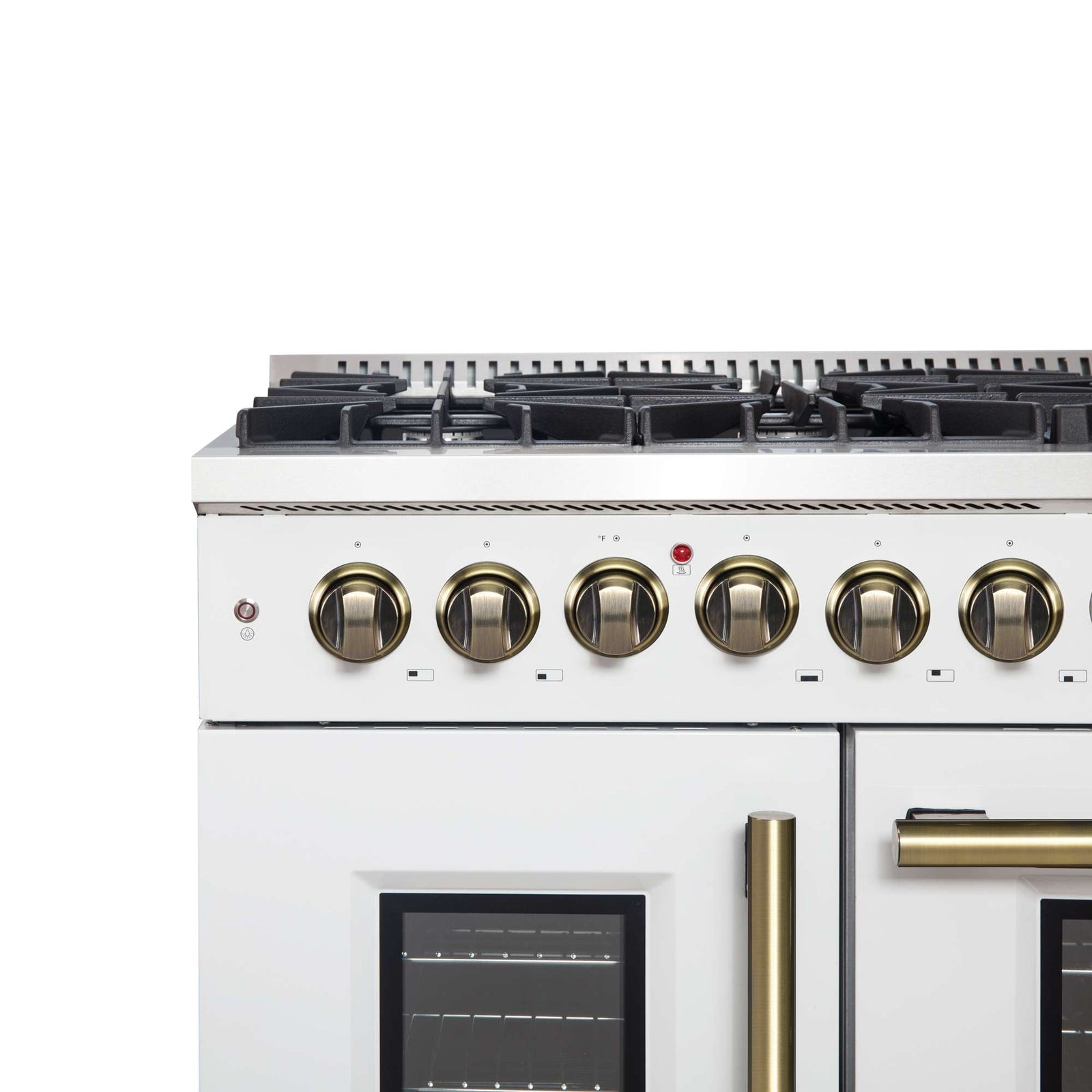 Forno Galiano 48-inch French Door Dual Fuel Range, White & Antique Brass Design, 8 Sealed Burners - 107,000 BTU, Griddle, 6.58 cu.ft. Double Ovens - FFSGS6356-48WHT