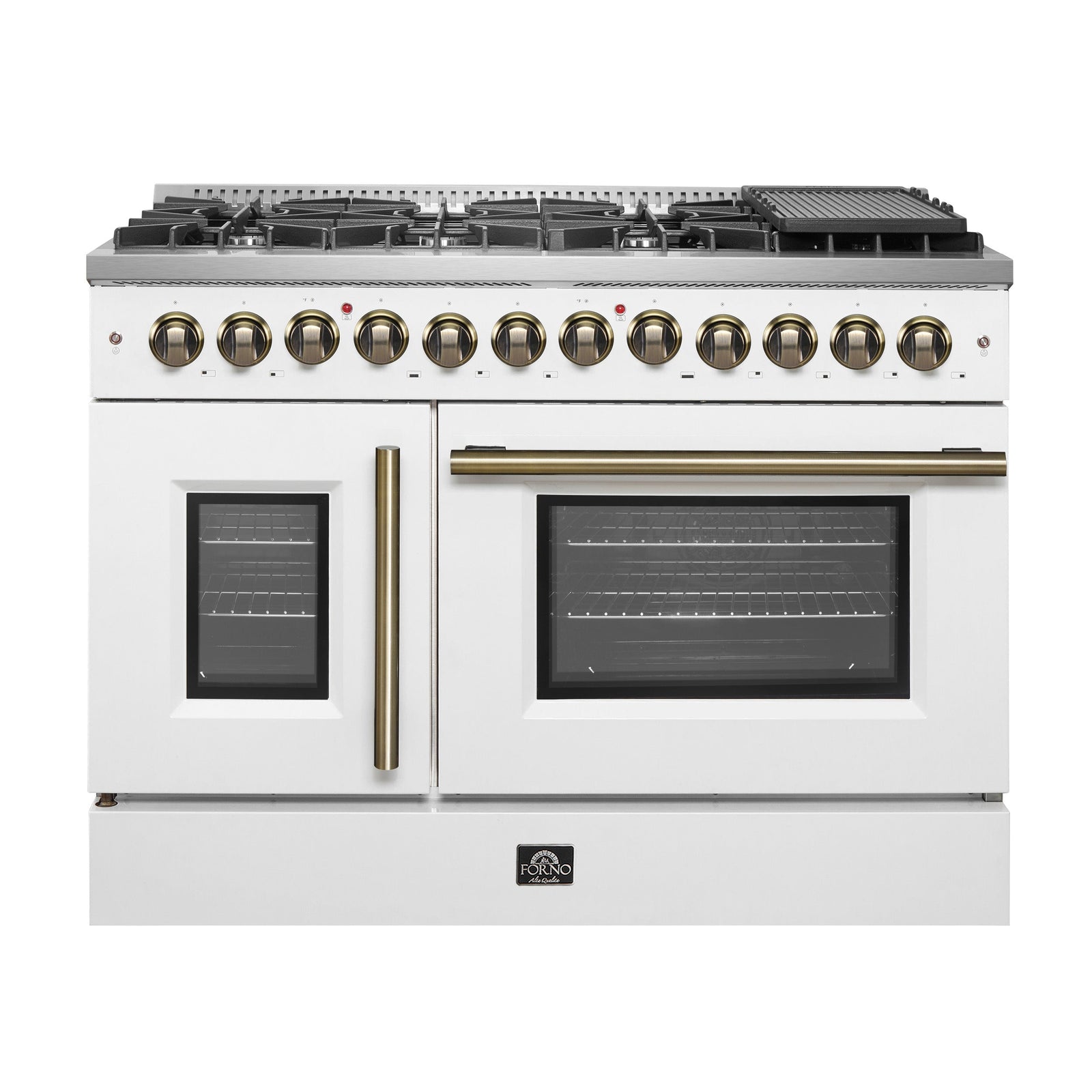 Forno Galiano 48-inch French Door Dual Fuel Range, White & Antique Brass Design, 8 Sealed Burners - 107,000 BTU, Griddle, 6.58 cu.ft. Double Ovens - FFSGS6356-48WHT