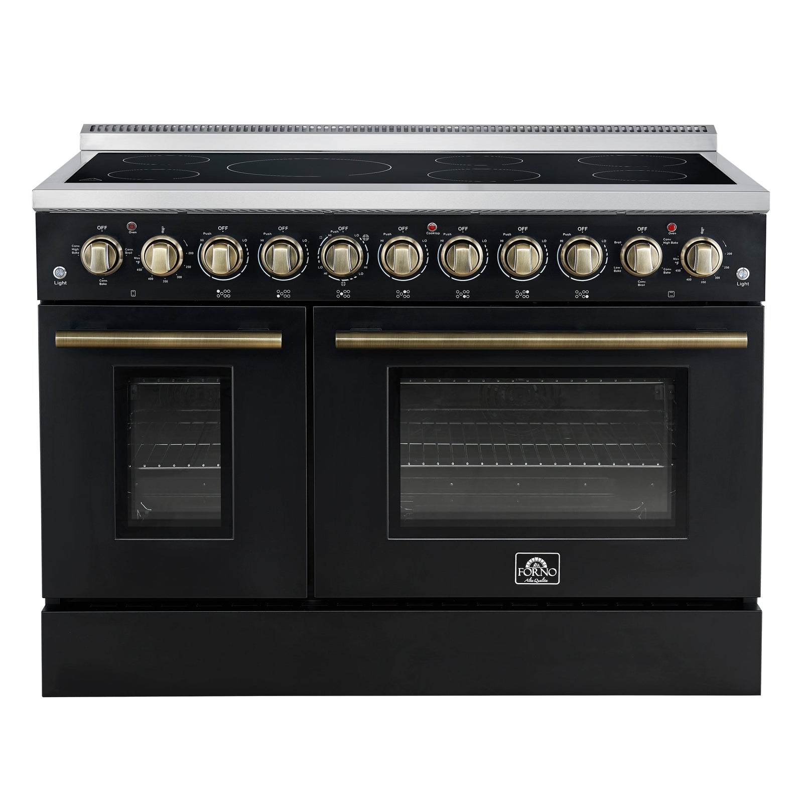 Forno Paolo 48 Inch Freestanding Electric Range in Black with Antique Brass, 6.7 cu.ft, True Convection Oven, Energy Efficient - FFSEL6011-48BLK