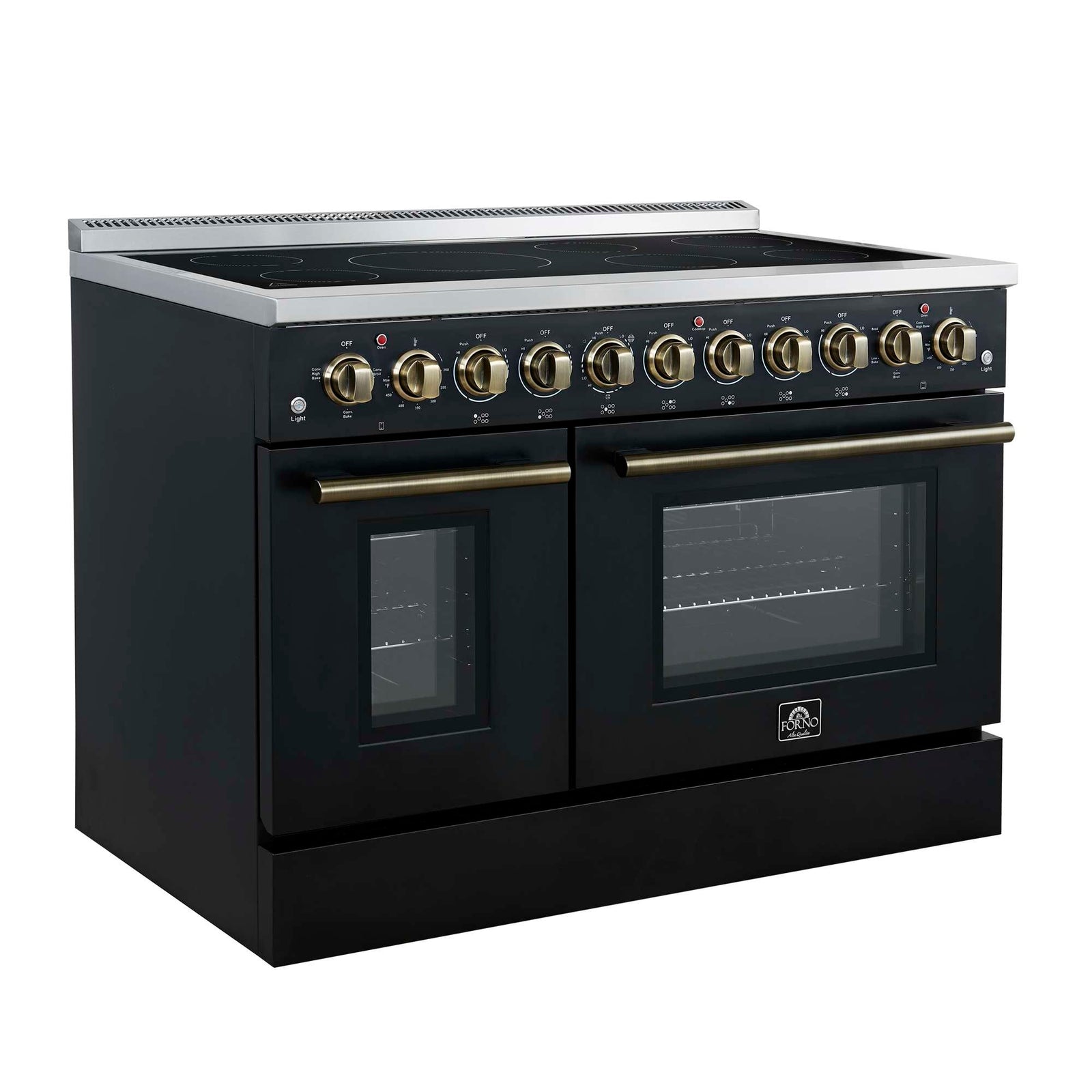 Forno Paolo 48 Inch Freestanding Electric Range in Black with Antique Brass, 6.7 cu.ft, True Convection Oven, Energy Efficient - FFSEL6011-48BLK