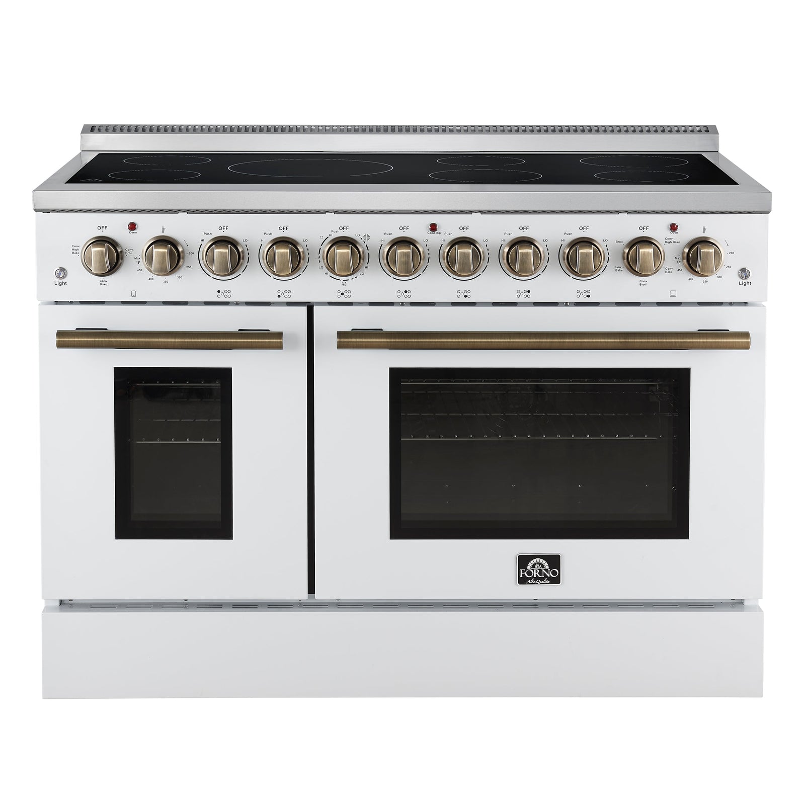 Forno Paolo 48 Inch Freestanding Electric Range in White with Antique Brass, 6.7 cu.ft, True Convection Oven, Energy Efficient - FFSEL6011-48WHT