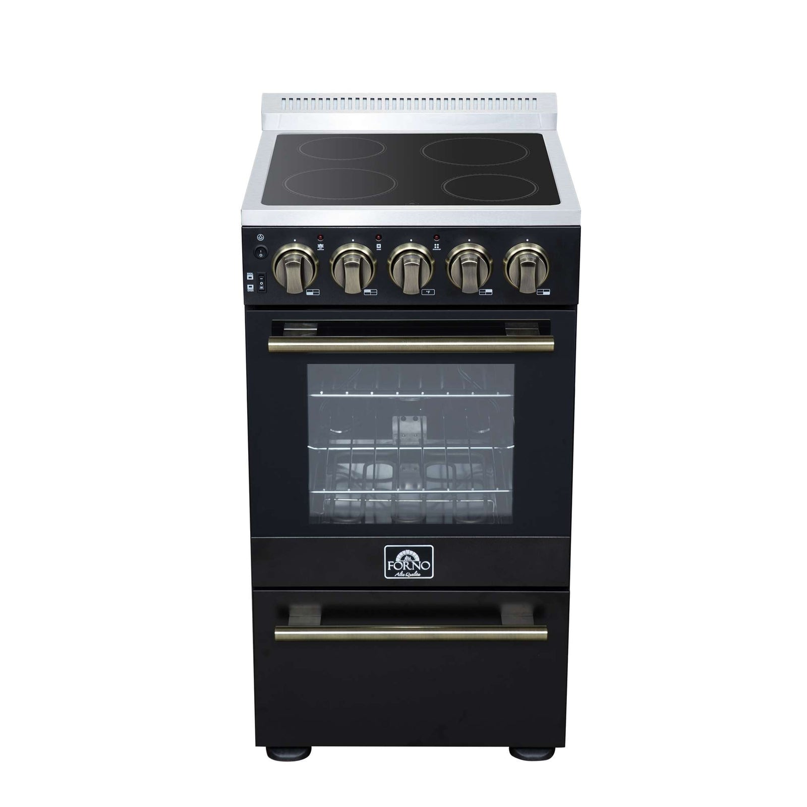 Forno Pallerano 20 Inch Freestanding Electric Range in Black with Antique Brass, Compact Design - FFSEL6052-20BLK