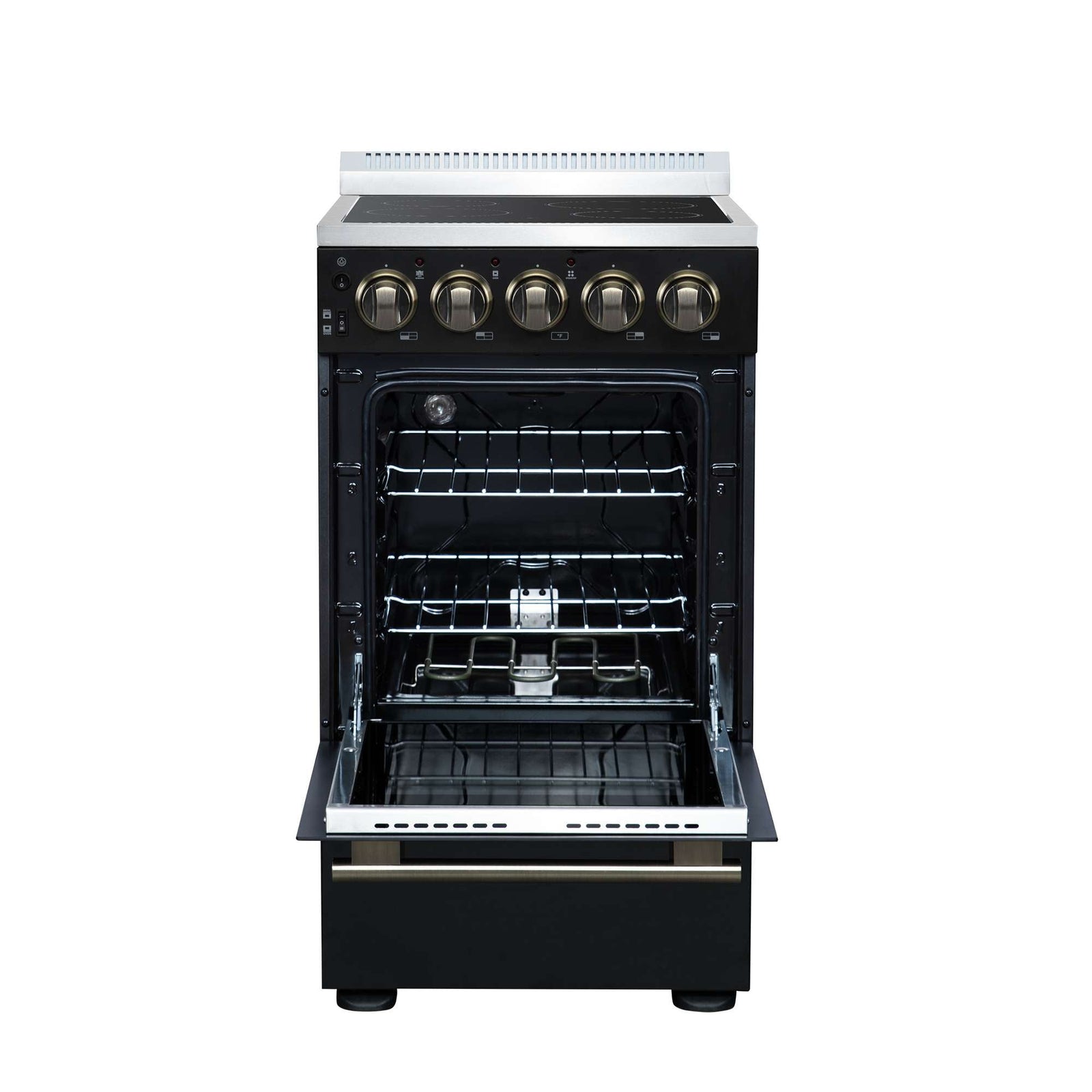 Forno Pallerano 20 Inch Freestanding Electric Range in Black with Antique Brass, Compact Design - FFSEL6052-20BLK