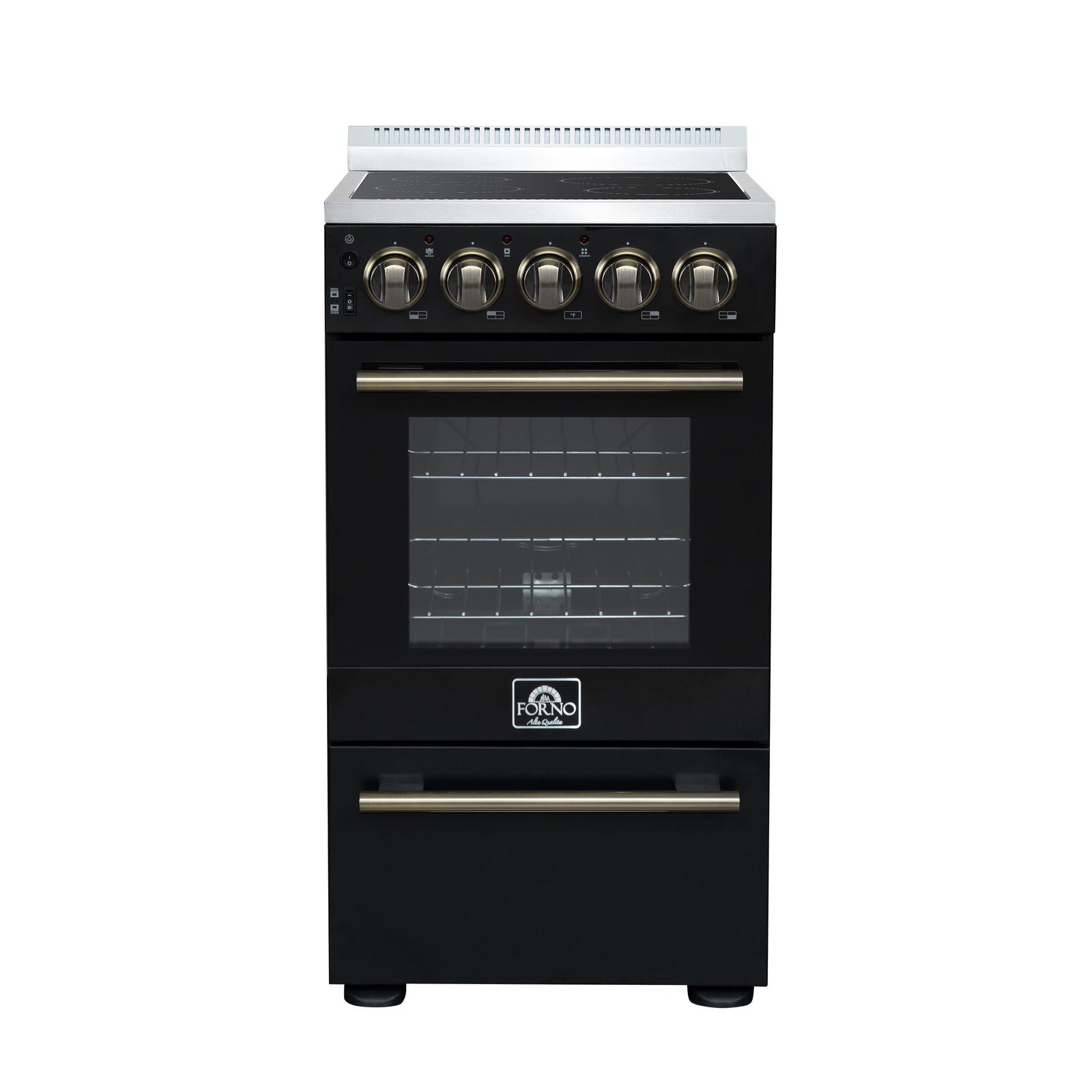 Forno Pallerano 20 Inch Freestanding Electric Range in Black with Antique Brass, Compact Design - FFSEL6052-20BLK