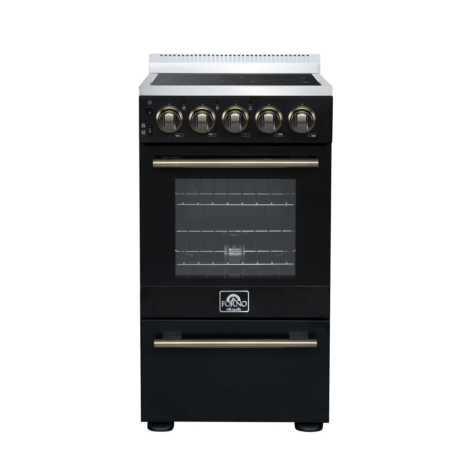 Forno Pallerano 20 Inch Freestanding Electric Range in Black with Antique Brass, Compact Design - FFSEL6052-20BLK
