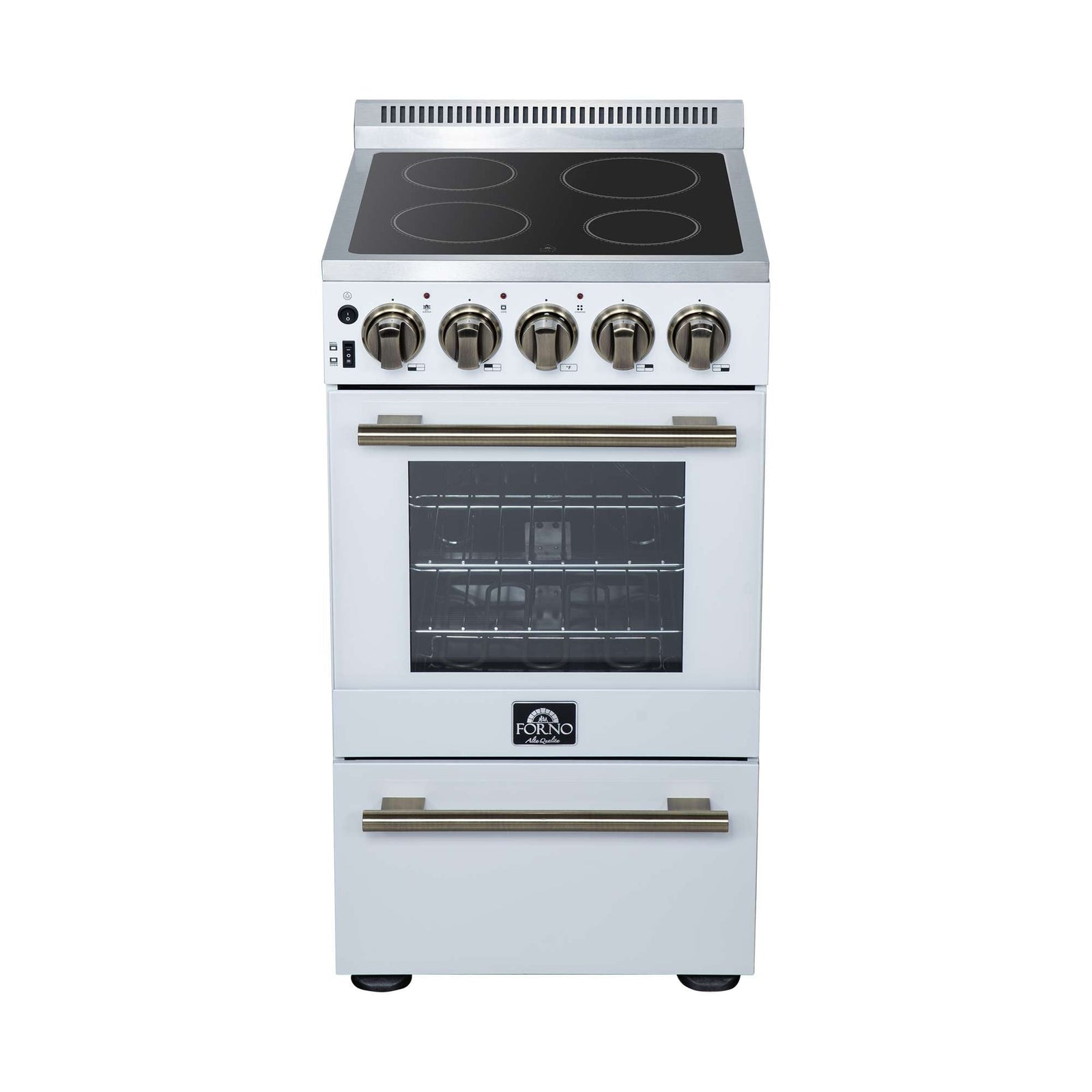 Forno Pallerano 20 Inch Freestanding Electric Range in White with Antique Brass, Compact Design - FFSEL6052-20WHT