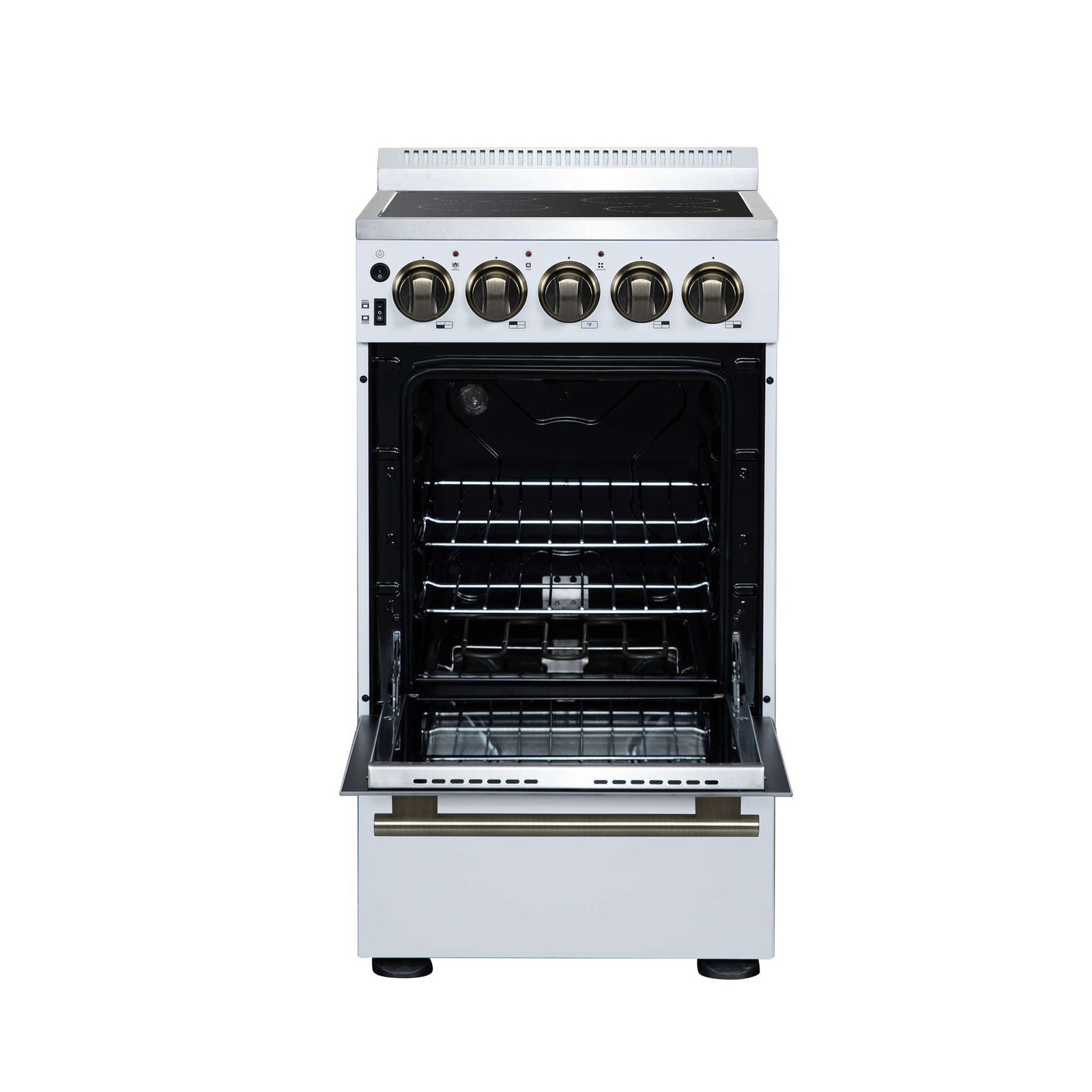 Forno Pallerano 20 Inch Freestanding Electric Range in White with Antique Brass, Compact Design - FFSEL6052-20WHT