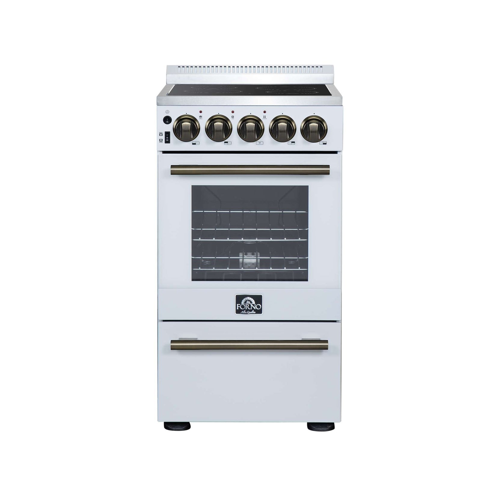 Forno Pallerano 20 Inch Freestanding Electric Range in White with Antique Brass, Compact Design - FFSEL6052-20WHT