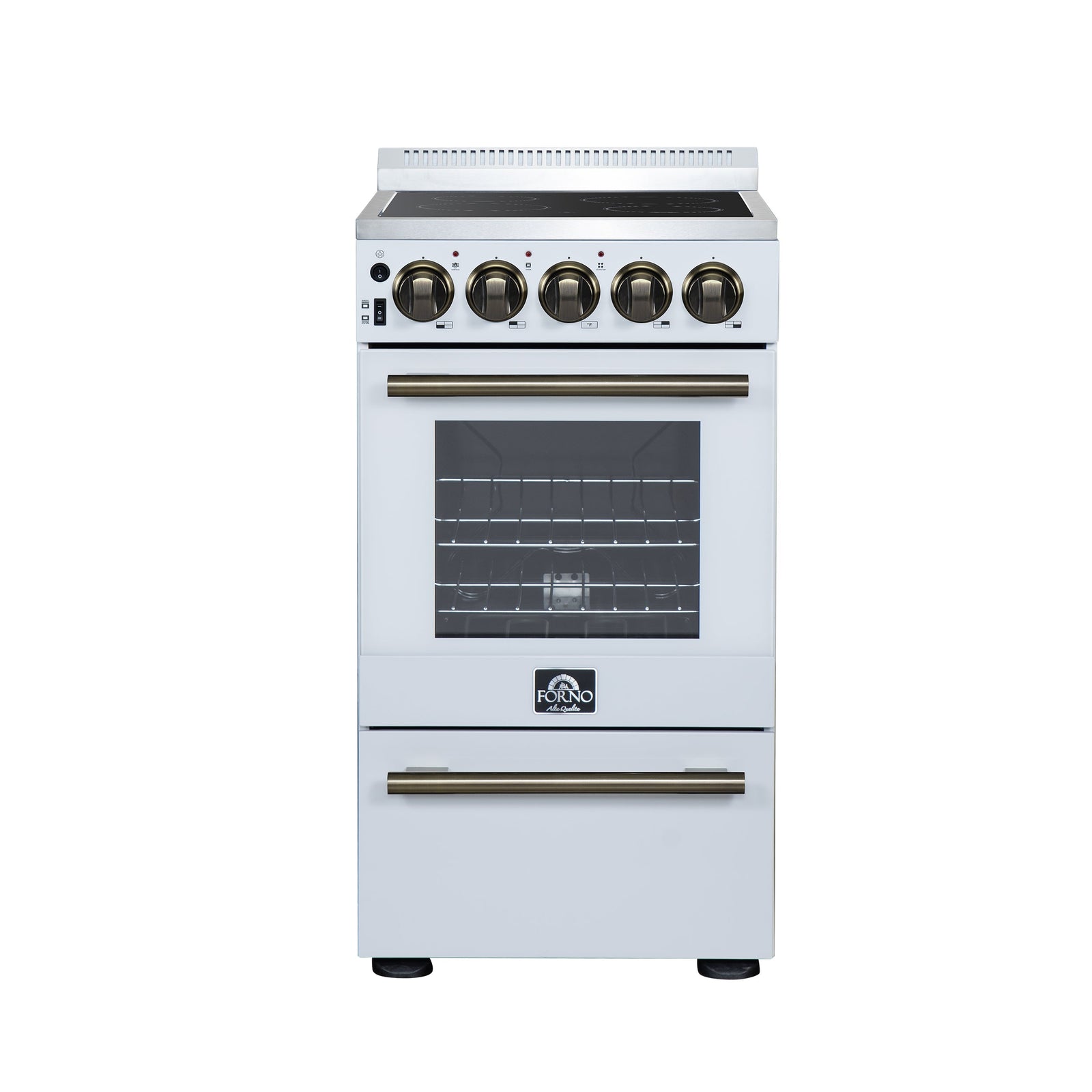 Forno Pallerano 20 Inch Freestanding Electric Range in White with Antique Brass, Compact Design - FFSEL6052-20WHT