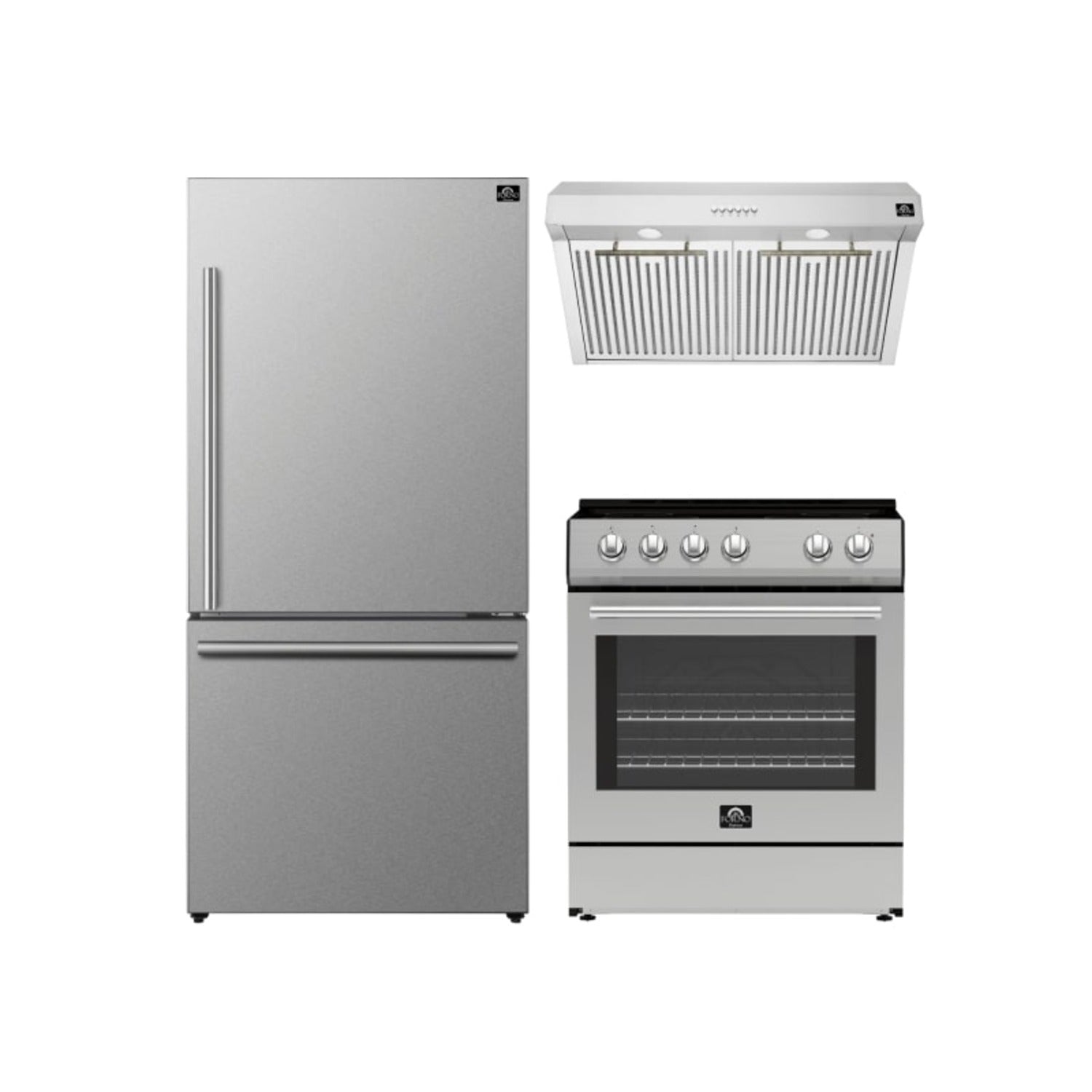 Forno Premium 3-Piece Kitchen Bundle - Leonardo Espresso 30" Stainless Steel Range, 31" Stainless Steel Bottom Freezer Refrigerator, 30" Stainless Steel Under Cabinet Range Hood - FBDL-001-01US