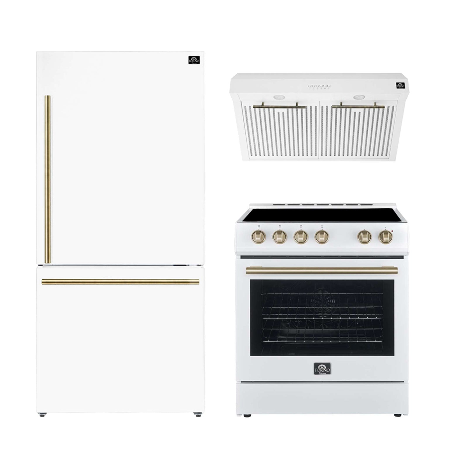Forno Premium 3-Piece Kitchen Bundle - Leonardo Espresso 30" White Range, 30" White Range Hood, 31" White Bottom Freezer Refrigerator - FBDL-001-03US