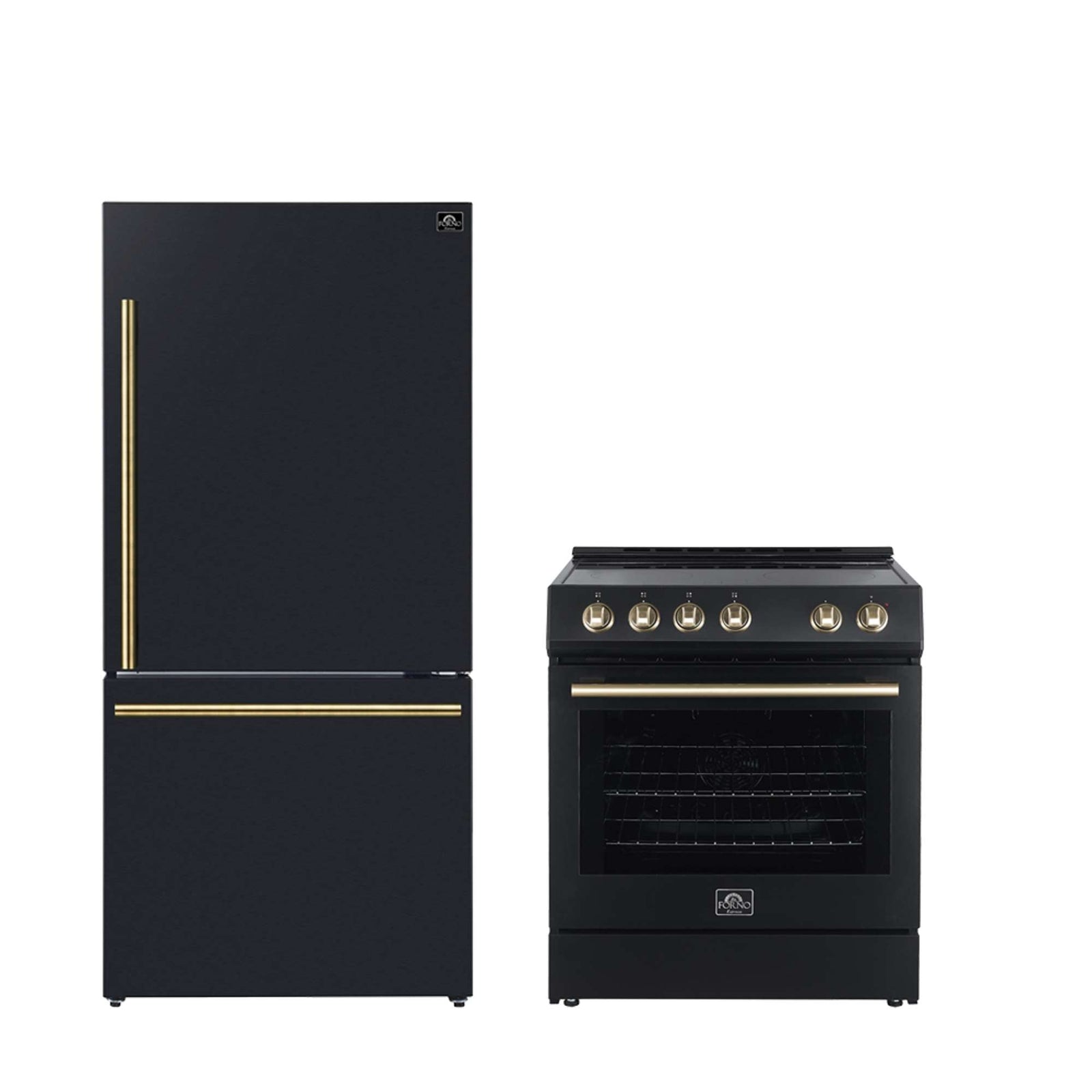 Forno Premium 2-Piece Kitchen Bundle - Leonardo Espresso 30" Black Range, 31" Black Bottom Freezer Refrigerator - FBDL-003-02US