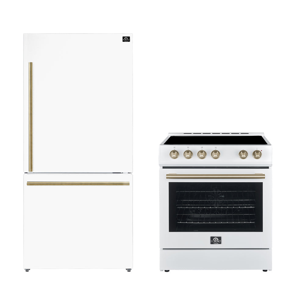 Forno Premium 2-Piece Kitchen Bundle - Leonardo Espresso 30" White Range, 31" White Bottom Freezer Refrigerator - FBDL-003-03US
