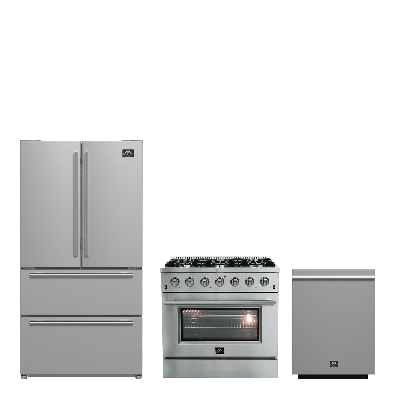 Forno Premium 3-Piece Kitchen Bundle - Galiano 36" Gas Range, 36" Built-In Refrigerator, 24" Built-In Dishwasher - FBDL-004-01CAUS
