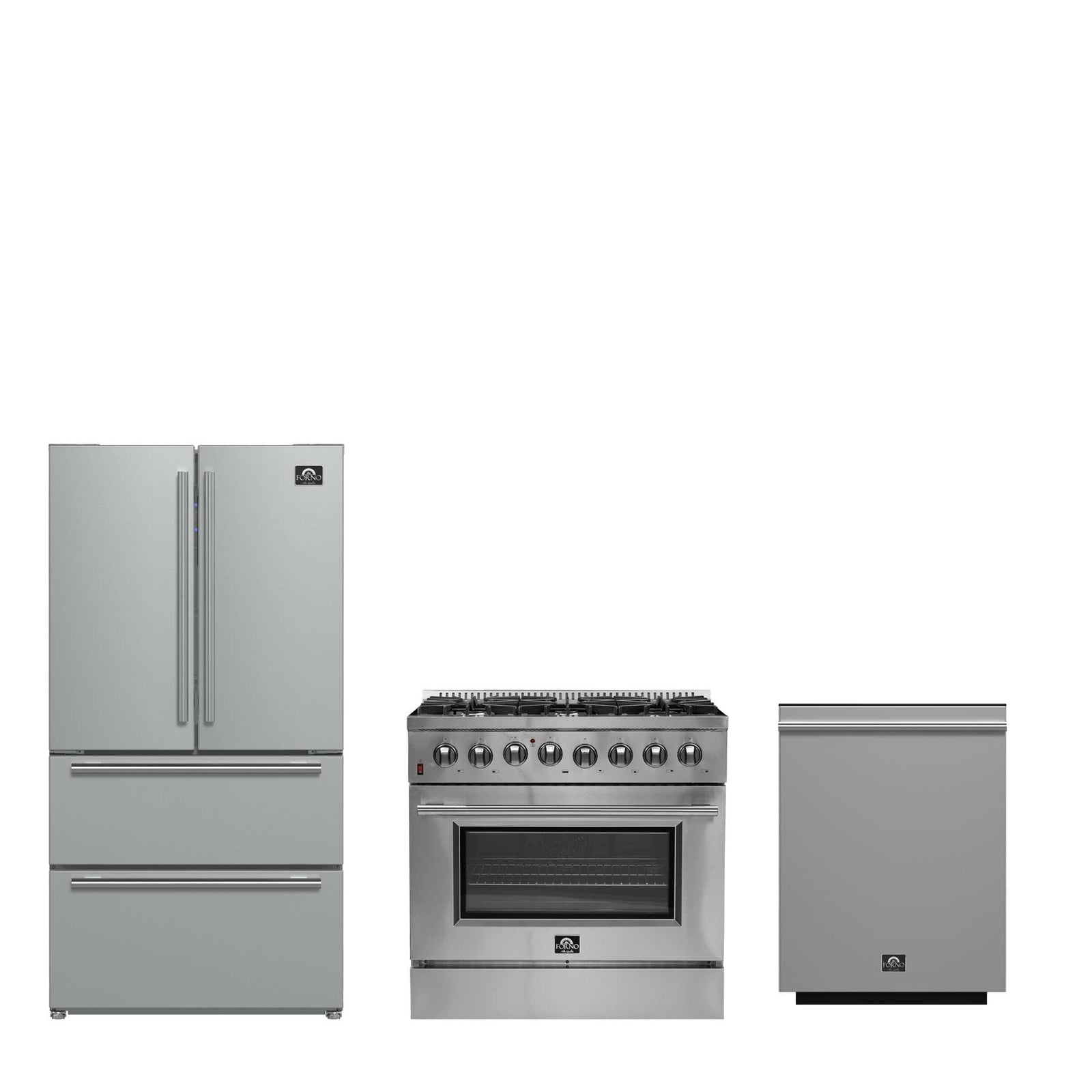 Forno Premium 3-Piece Kitchen Bundle - Galiano 36" Dual Fuel Range, 36" French Door Refrigerator, 24" Built-In Dishwasher - FBDL-004-02CAUS