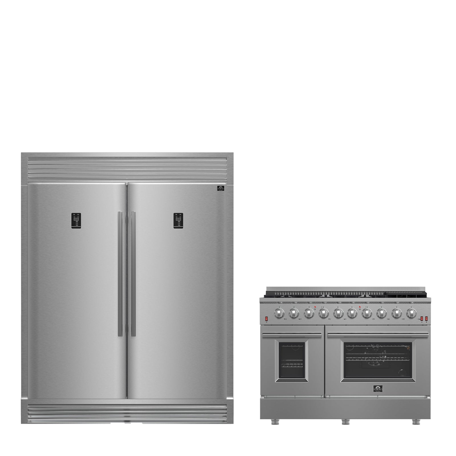 Forno Premium 2-Piece Kitchen Bundle - Galiano 48" Stainless Steel Dual Fuel Range, 60" Stainless Steel Side-by-side Convertible Refrigerator - FBDL-005-02CAUS
