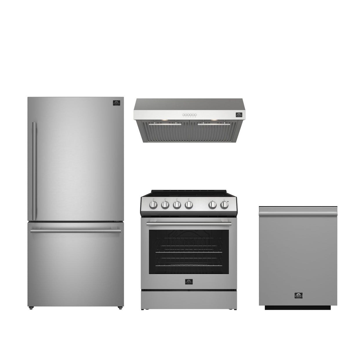 Forno Premium 4-Piece Kitchen Bundle - Leonardo Espresso 30" Stainless Steel Range, 30" Stainless Steel Range Hood, 31" Stainless Steel Refrigerator, 24" Stainless Steel Dishwasher - FBDL-006-01CA