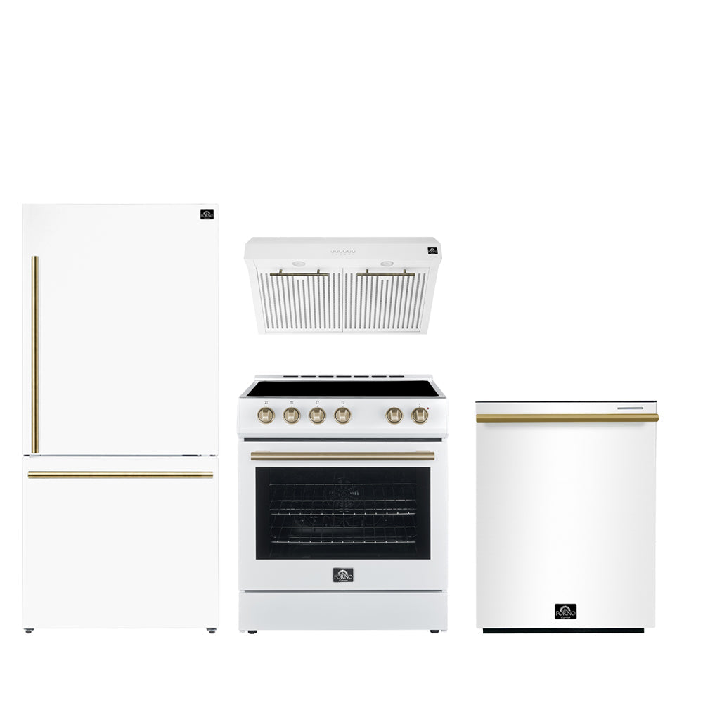 Forno Premium 4-Piece Kitchen Bundle - Leonardo Espresso 30" White Range, 30" White Range Hood, 31" White Bottom Freezer Refrigerator, 24" White Built-In Dishwasher - FBDL-006-03US
