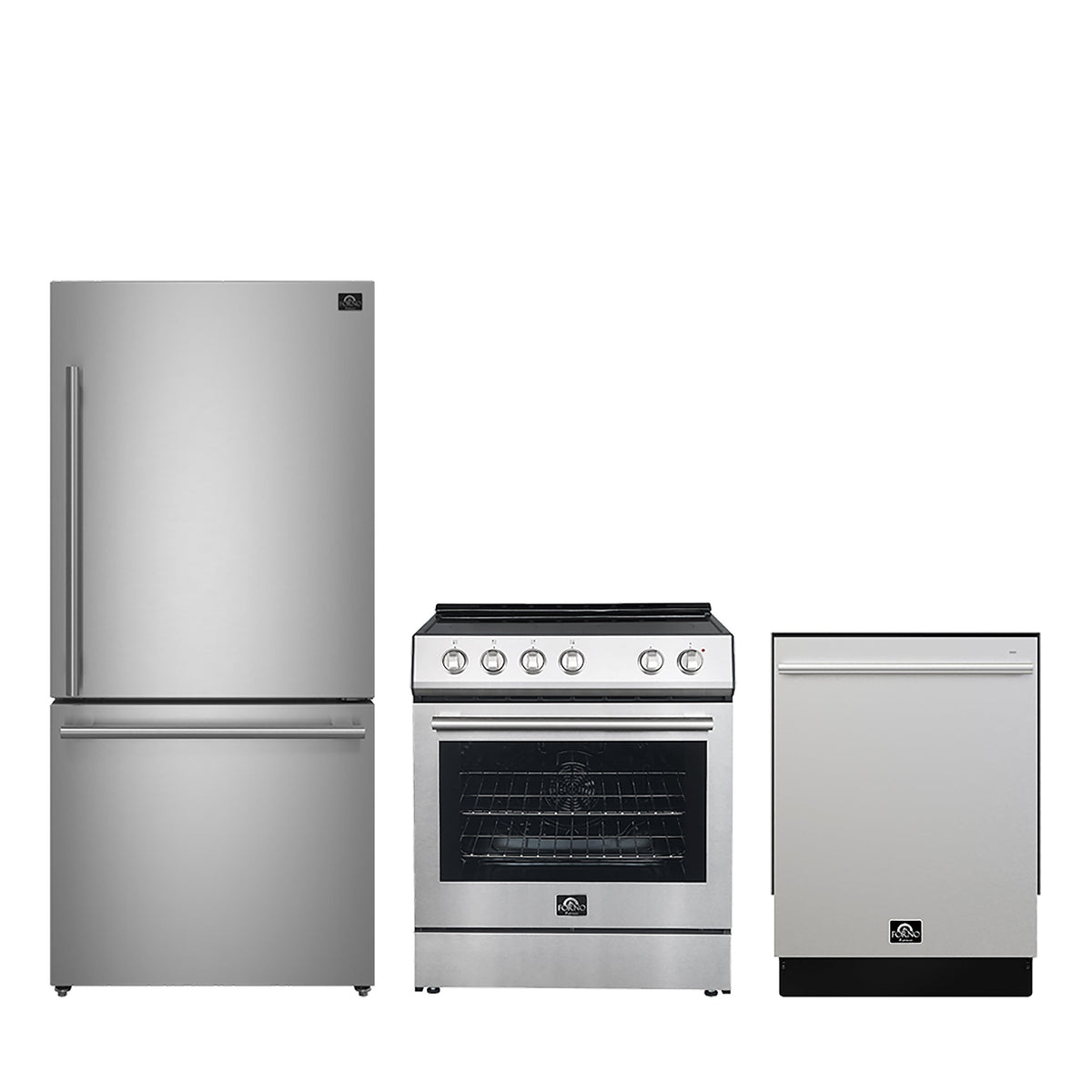 Forno Premium 3-Piece Kitchen Bundle - 30" Electric Range, 31" French Door Refrigerator, 24" Built-In Dishwasher, Stainless Steel - FBDL-011-01CA
