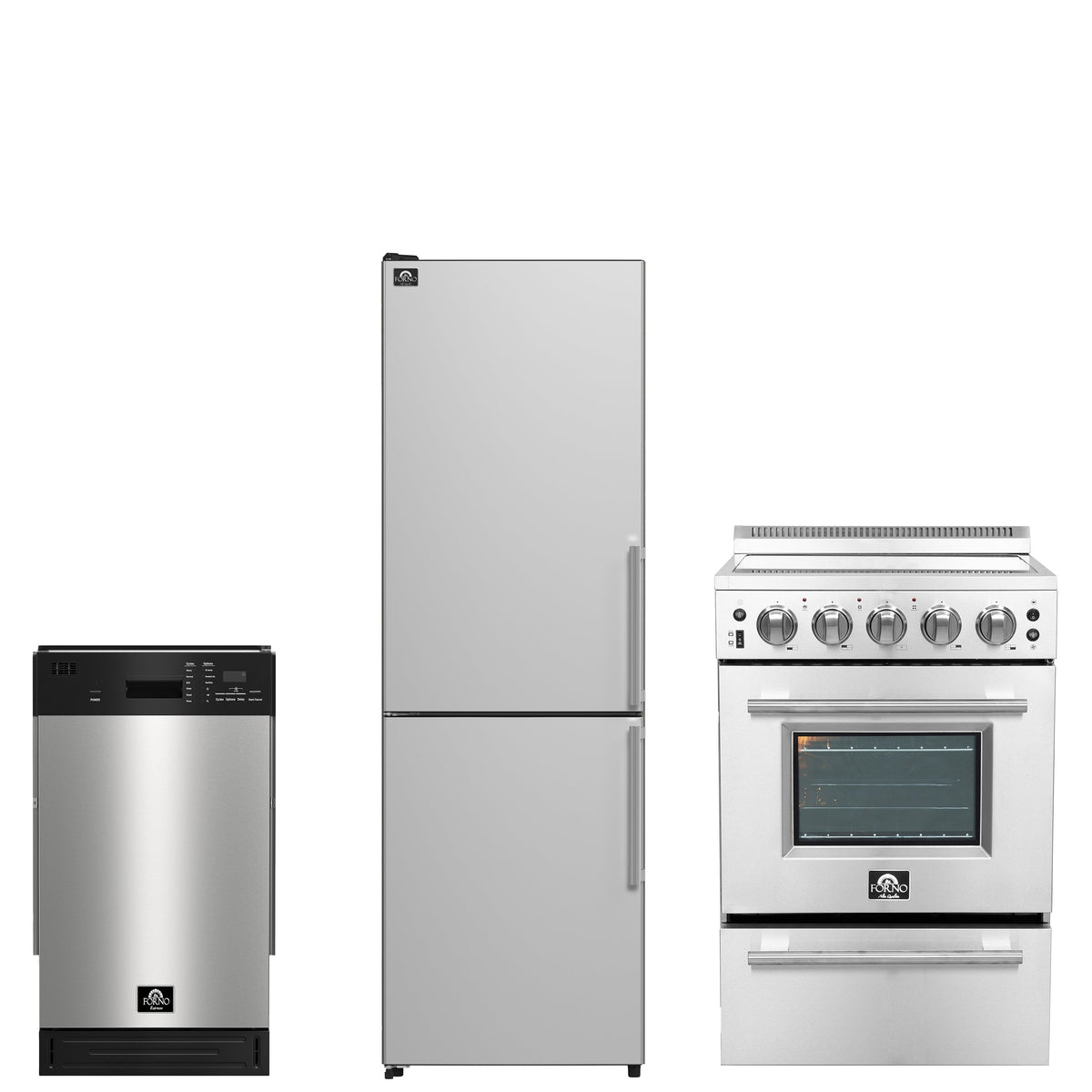 Forno 3-Piece Stainless Steel Kitchen Appliance Bundle - Home Depot Exclusive - 24" Electric Range, 18" Dishwasher, 24" Bottom Freezer Refrigerator Left Swing - FBDL-THD-002