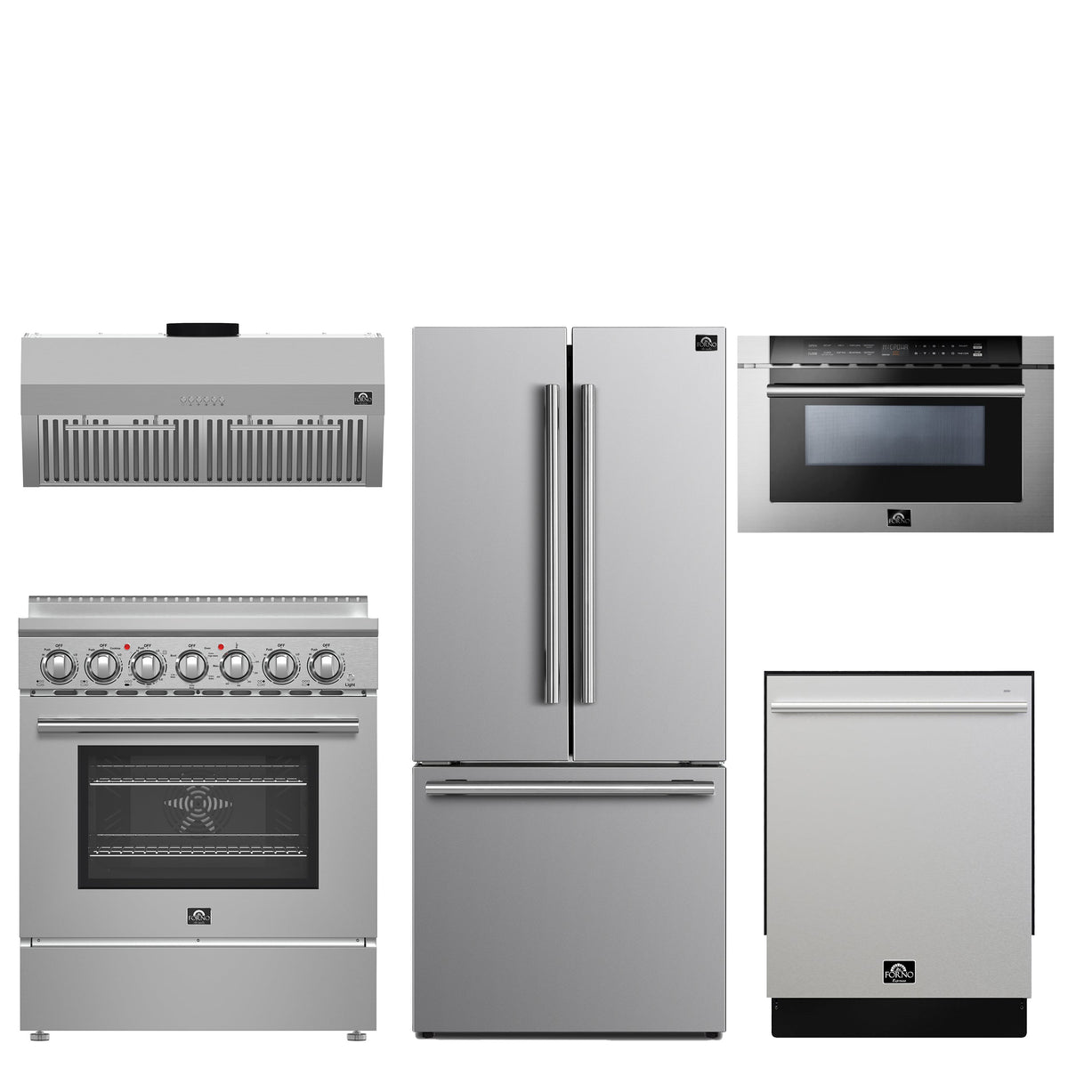 Forno 5-Piece Stainless Steel Kitchen Bundle - Home Depot Exclusive - 30" Electric Range, 30" French Door Refrigerator, 30" Range Hood, 24" Microwave Drawer, 24" Built-In Dishwasher - FBDL-THD-003