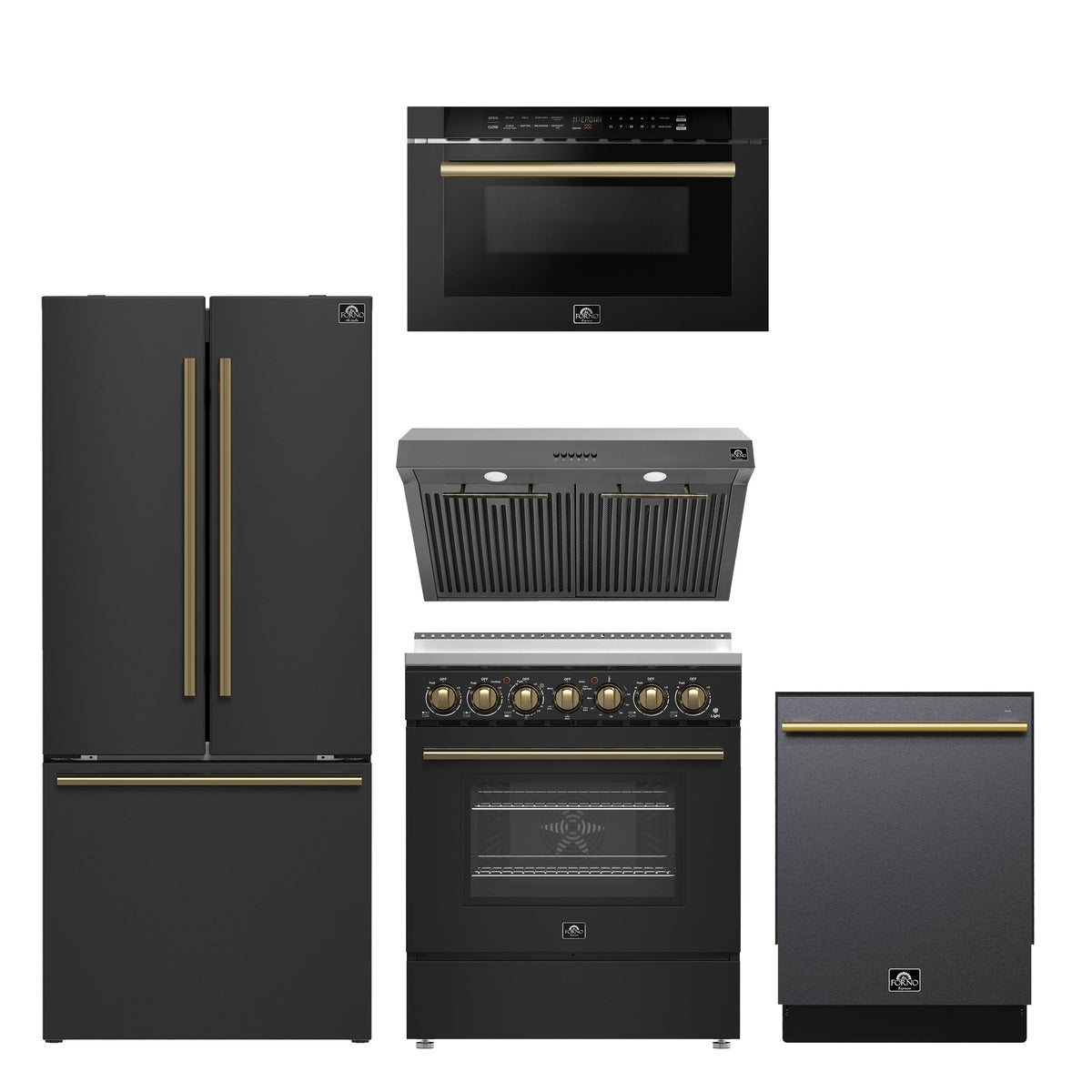 Forno 5-Piece Black Stainless Steel Kitchen Bundle - Home Depot Exclusive - 30" Electric Range, 30" French Door Refrigerator, 30" Range Hood, 24" Microwave Drawer, 24" Built-In Dishwasher - FBDL-THD-003BLK