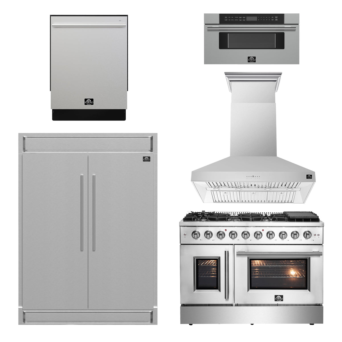 Forno 5-Piece Stainless Steel Kitchen Bundle - Home Depot Exclusive - 48" French Door Gas Range, 48" Wall Mount Range Hood, 30" Microwave Drawer, 24" Built-In Dishwasher, 2x28" Convertible Refrigerator Freezer with Decorative Trim - FBDL-THD-004