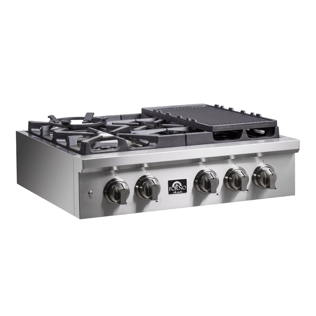 Forno Spezia Alta Qualita 30-Inch Pro-Style Gas Rangetop, Stainless Steel, 5 Sealed Burners, Continuous Cast Iron Grates, High Heat Output - FCTGS5751-30