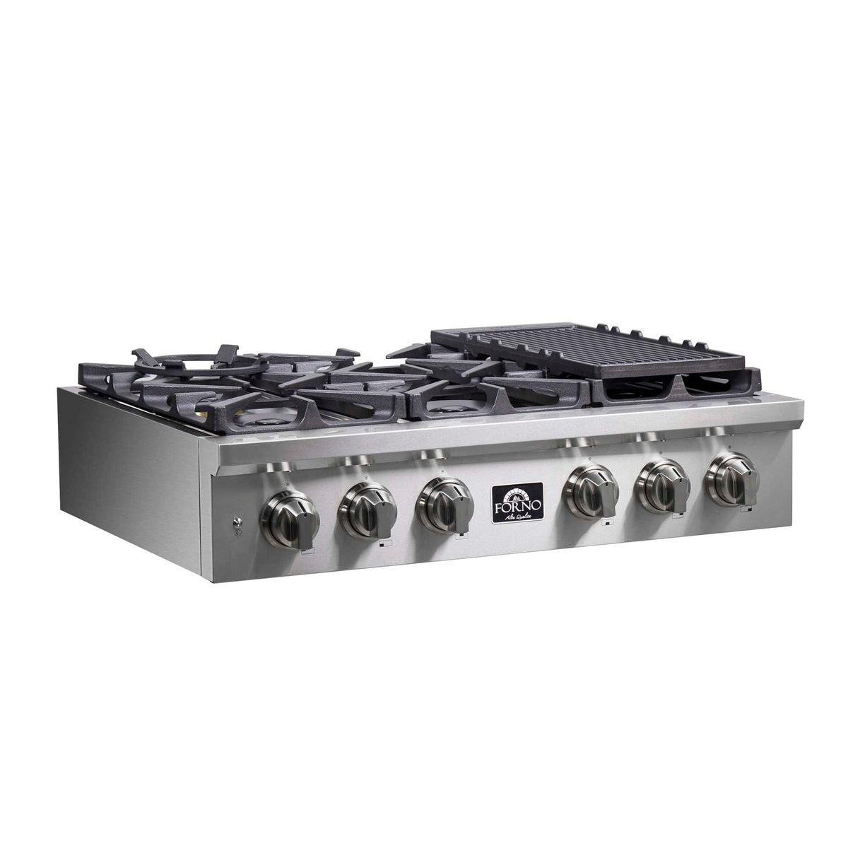 Forno Spezia Alta Qualita 36-Inch Pro-Style Gas Rangetop, Stainless Steel, 6 Sealed Burners, Continuous Cast Iron Grates, High Heat Output - FCTGS5751-36