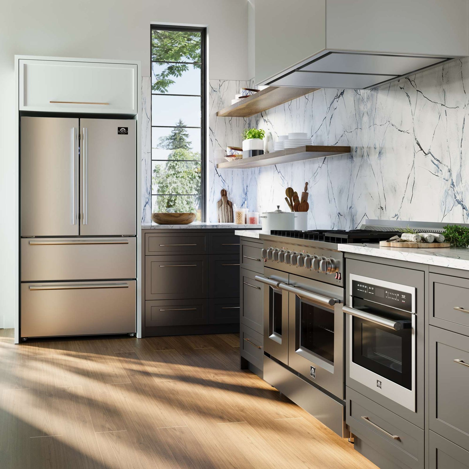 Forno Premium 2-Piece Kitchen Bundle - Galiano 48" Stainless Steel Gas Range, Forno Maderno 2-28 " Wide Units with Decorative Trim - FBDL-018-03CAUS