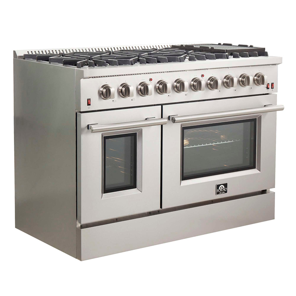 Forno Galiano 48-Inch Freestanding Gas Range, Stainless Steel, 8 Burners, 107,000 BTU, Griddle, Double Ovens, Energy Efficient - FFSGS6244-48