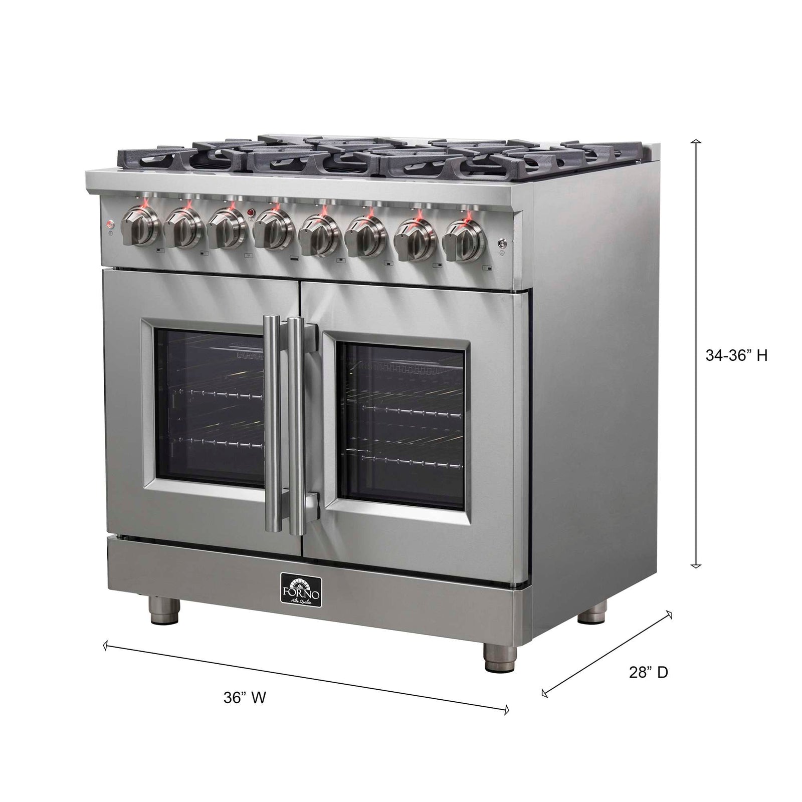 Forno Massimo 36-Inch Freestanding French Door Dual Fuel Range, 6 Burners, True Convection Oven - FFSGS6325-36