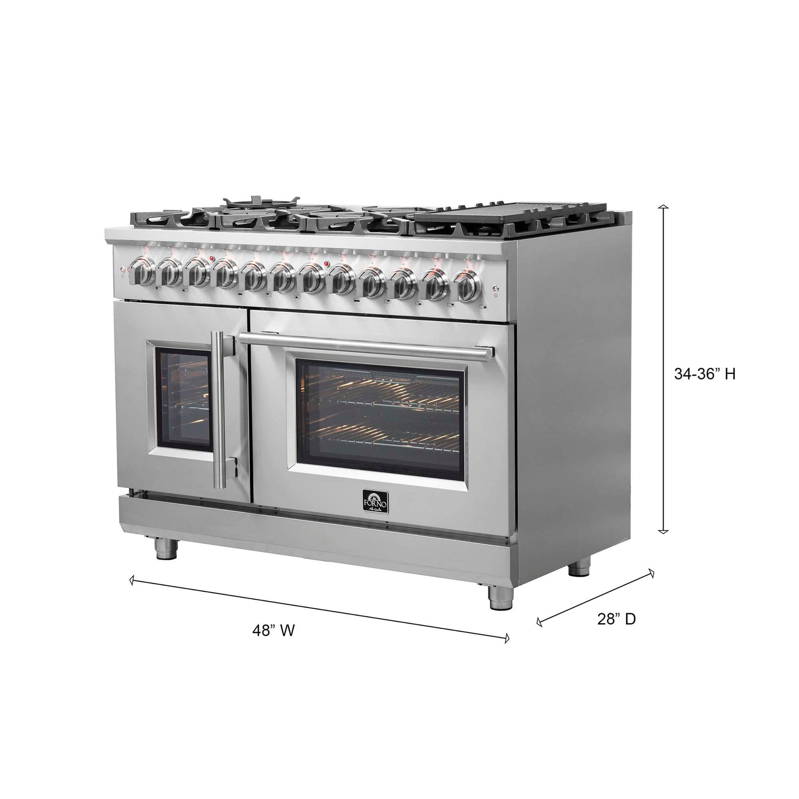 Forno Massimo 48-Inch Freestanding French Door Dual Fuel Range, 8 Burners, True Convection Oven - FFSGS6325-48