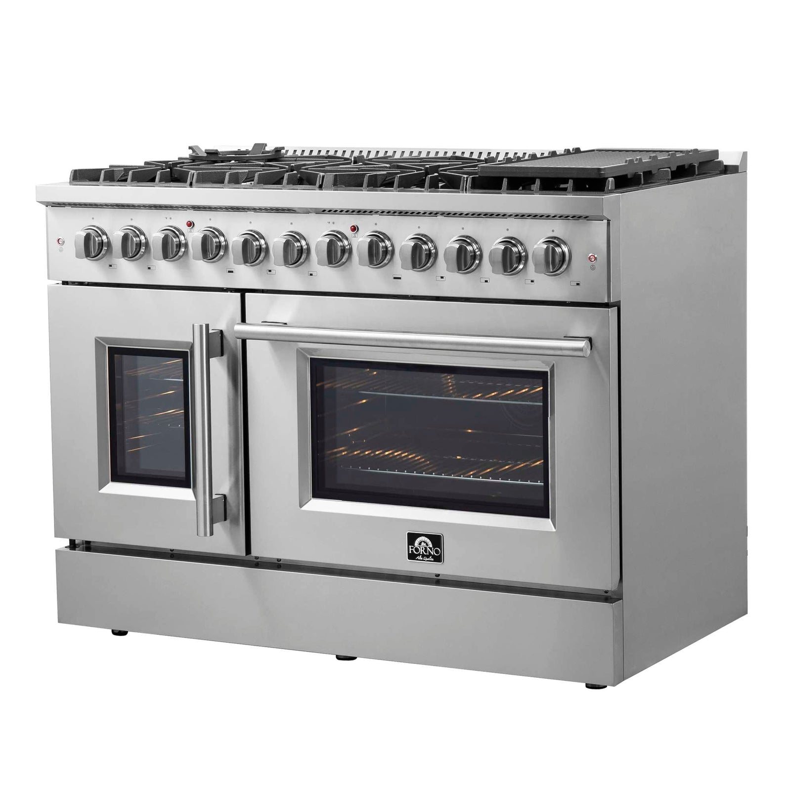 Forno Galiano 48-Inch French Door Dual Fuel Range All Stainless Steel, 8 Sealed Burners, 107,000 BTU, Griddle, 6.58 cu.ft. Double Ovens - FFSGS6356-48