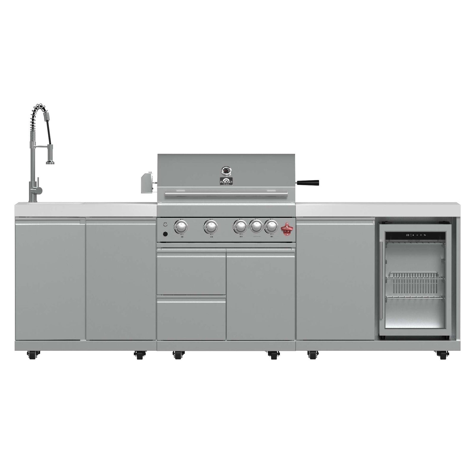 Forno Bulnes 30-Inch BBQ, 60,000 BTU, 3 Burners with Sear & Rotisserie Infrared Burners, Stainless Steel Outdoor Kitchen with 1.8 cu.ft. Beverage Center & White Sintered Stone Countertops - FODKT2506WHT