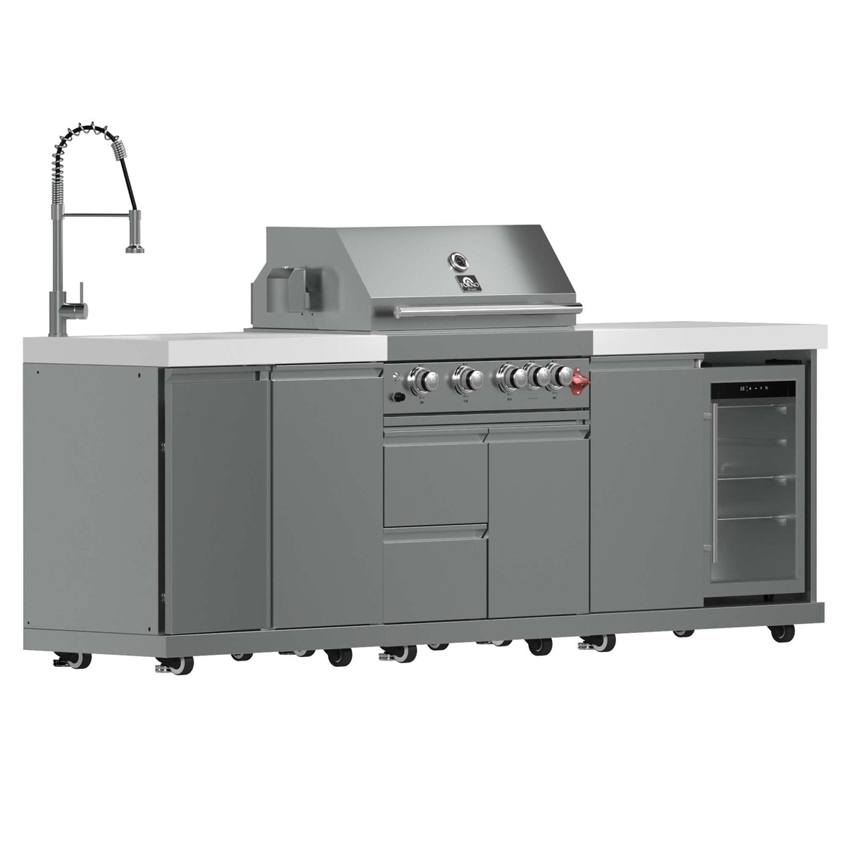 Forno Bulnes 30-Inch BBQ, 60,000 BTU, 3 Burners with Sear & Rotisserie Infrared Burners, Stainless Steel Outdoor Kitchen with 1.8 cu.ft. Beverage Center & White Sintered Stone Countertops - FODKT2506WHT