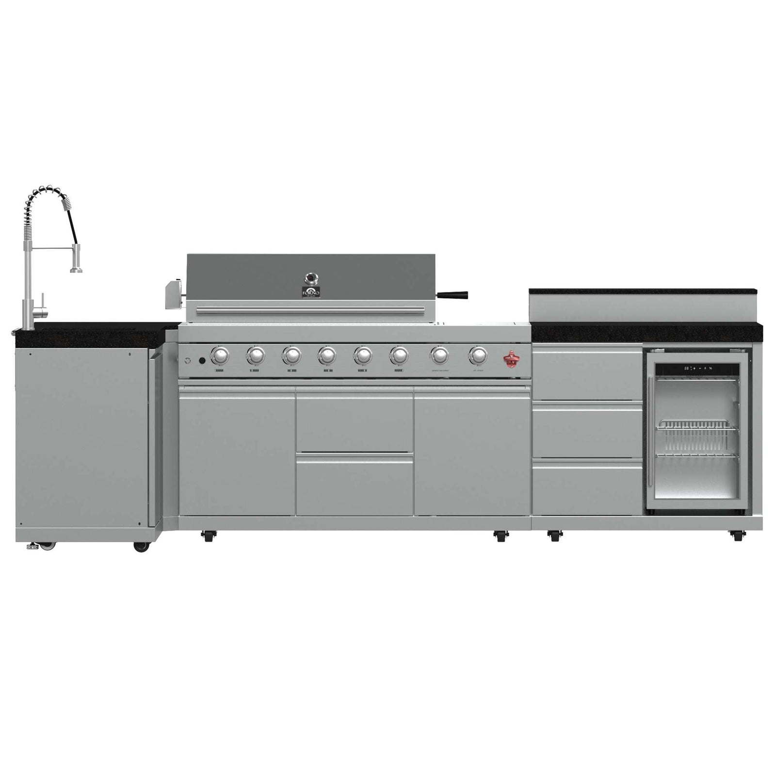 Forno Bulnes 40-Inch BBQ, 95,000 BTU, 5 Burners, Sear & Rotisserie Infrared with Side Burner, Stainless Steel Outdoor Kitchen with 1.8 cu.ft. Beverage Center & Black Granite Countertops - FODKT2520BLK