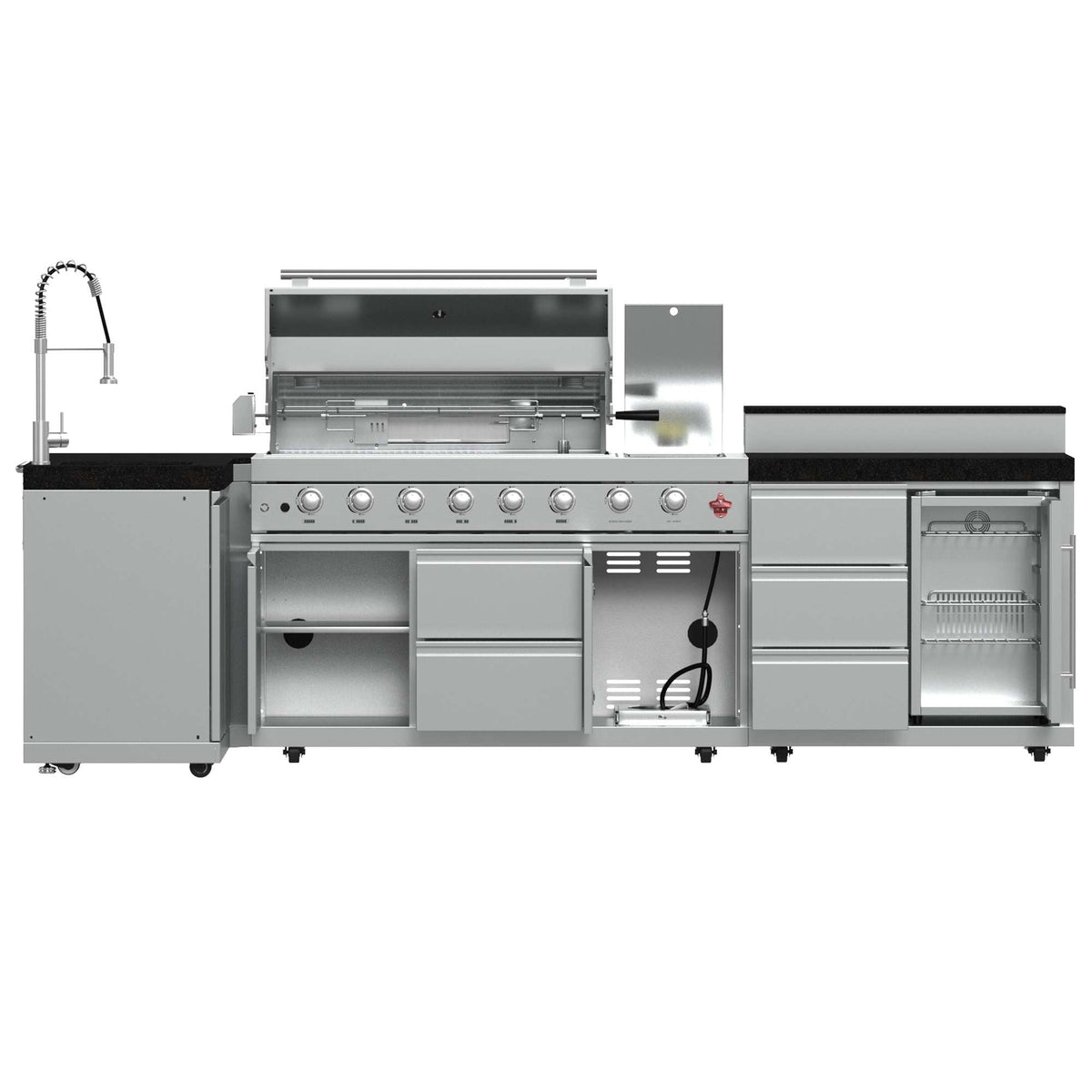 Forno Bulnes 40-Inch BBQ, 95,000 BTU, 5 Burners, Sear & Rotisserie Infrared with Side Burner, Stainless Steel Outdoor Kitchen with 1.8 cu.ft. Beverage Center & Black Granite Countertops - FODKT2520BLK