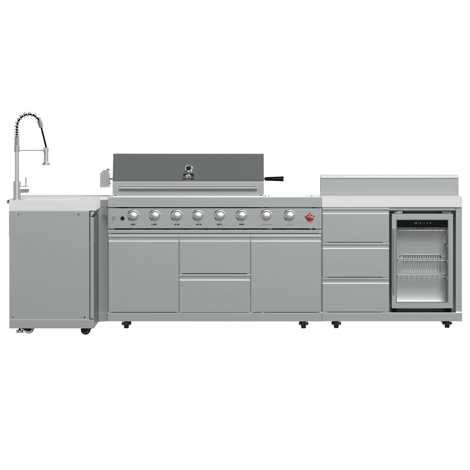Forno Bulnes 40-Inch BBQ, 95,000 BTU, 5 Burners, Sear & Rotisserie Infrared with Side Burner, Stainless Steel Outdoor Kitchen with 1.8 cu.ft. Beverage Center & White Sintered Stone Countertops - FODKT2520WHT