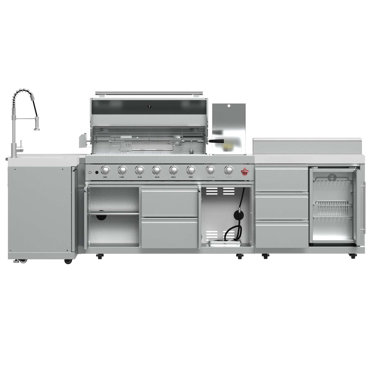 Forno Bulnes 40-Inch BBQ, 95,000 BTU, 5 Burners, Sear & Rotisserie Infrared with Side Burner, Stainless Steel Outdoor Kitchen with 1.8 cu.ft. Beverage Center & White Sintered Stone Countertops - FODKT2520WHT