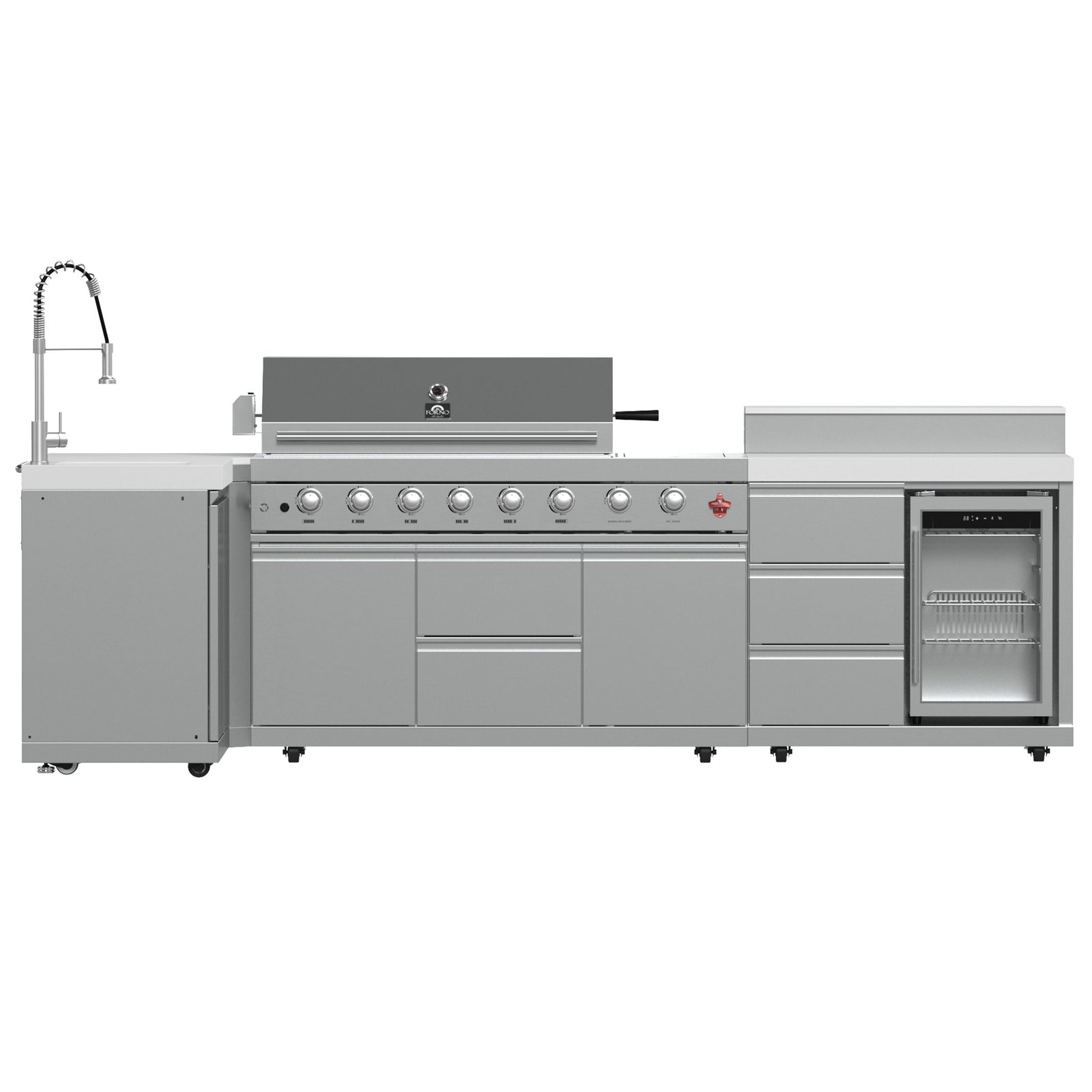 Forno Bulnes 40-Inch BBQ, 95,000 BTU, 5 Burners, Sear & Rotisserie Infrared with Side Burner, Stainless Steel Outdoor Kitchen with 1.8 cu.ft. Beverage Center & White Sintered Stone Countertops - FODKT2520WHT