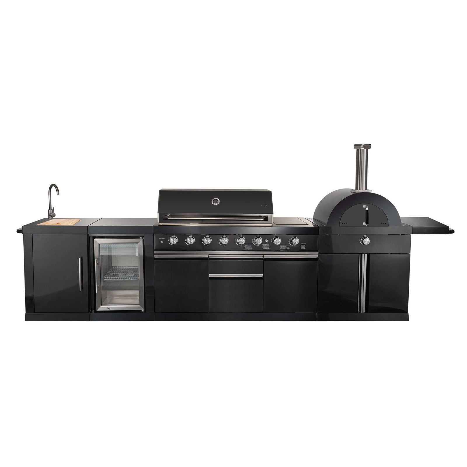 Forno All’Aperto 87,600 BTU Outdoor Kitchen, 4 Burners, Infrared Burners, Side Burner, Black Sintered Stone Countertops, Gas Pizza Oven, Sink Module, Bar & Beverage Center - FODKT2551BLK
