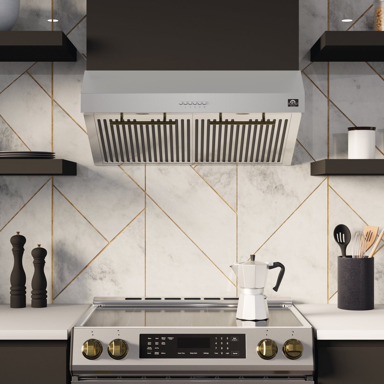Forno Premium 3-Piece Kitchen Bundle - Leonardo Espresso 30" Stainless Steel Range, 31" Stainless Steel Bottom Freezer Refrigerator, 30" Stainless Steel Under Cabinet Range Hood - FBDL-001-01US