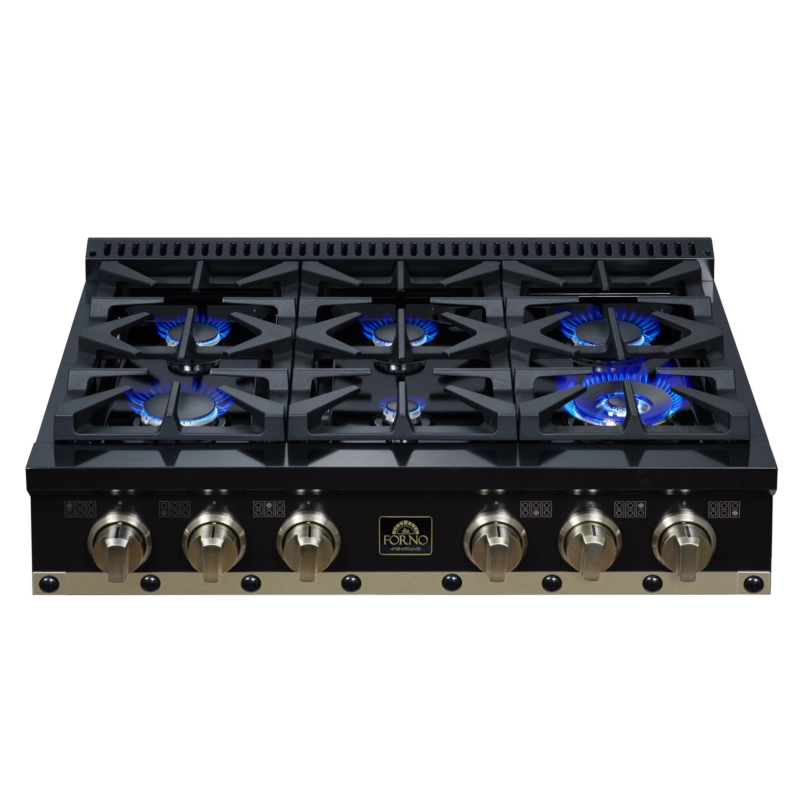 Forno Ambassador 36" Gas Cooktop in Black, 6 Sealed burners, 71,000 BUT Output, 1 Antique Brass Dual-Ring Burner, Continuous Cast Iron Grates - FCTGS5799-36CPBLK